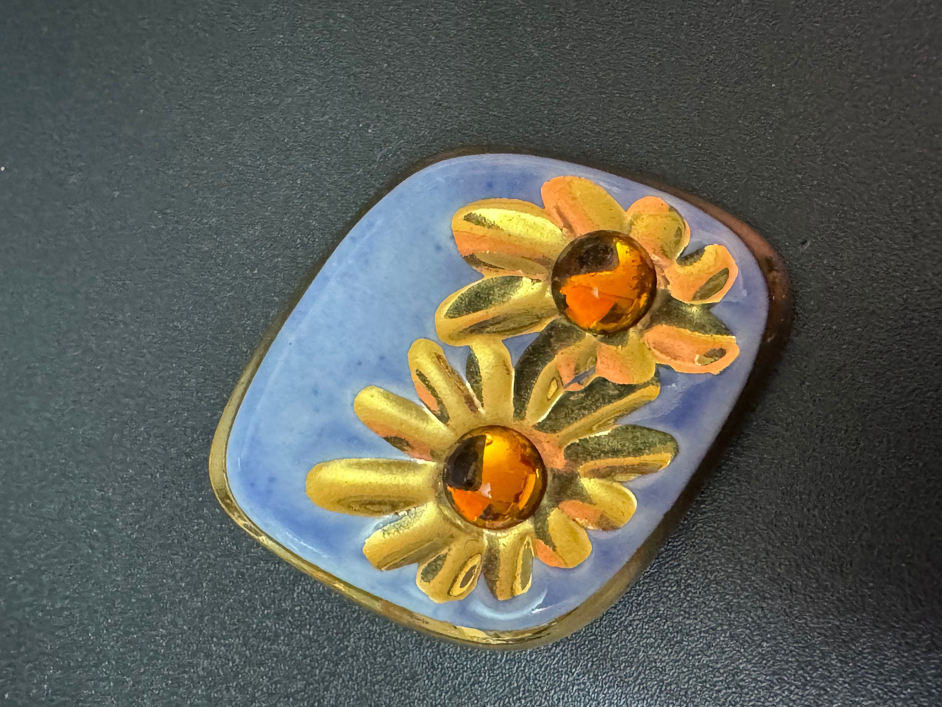 Signed channel island pottery Vintage ceramic turquoise blue orange gold large brooch