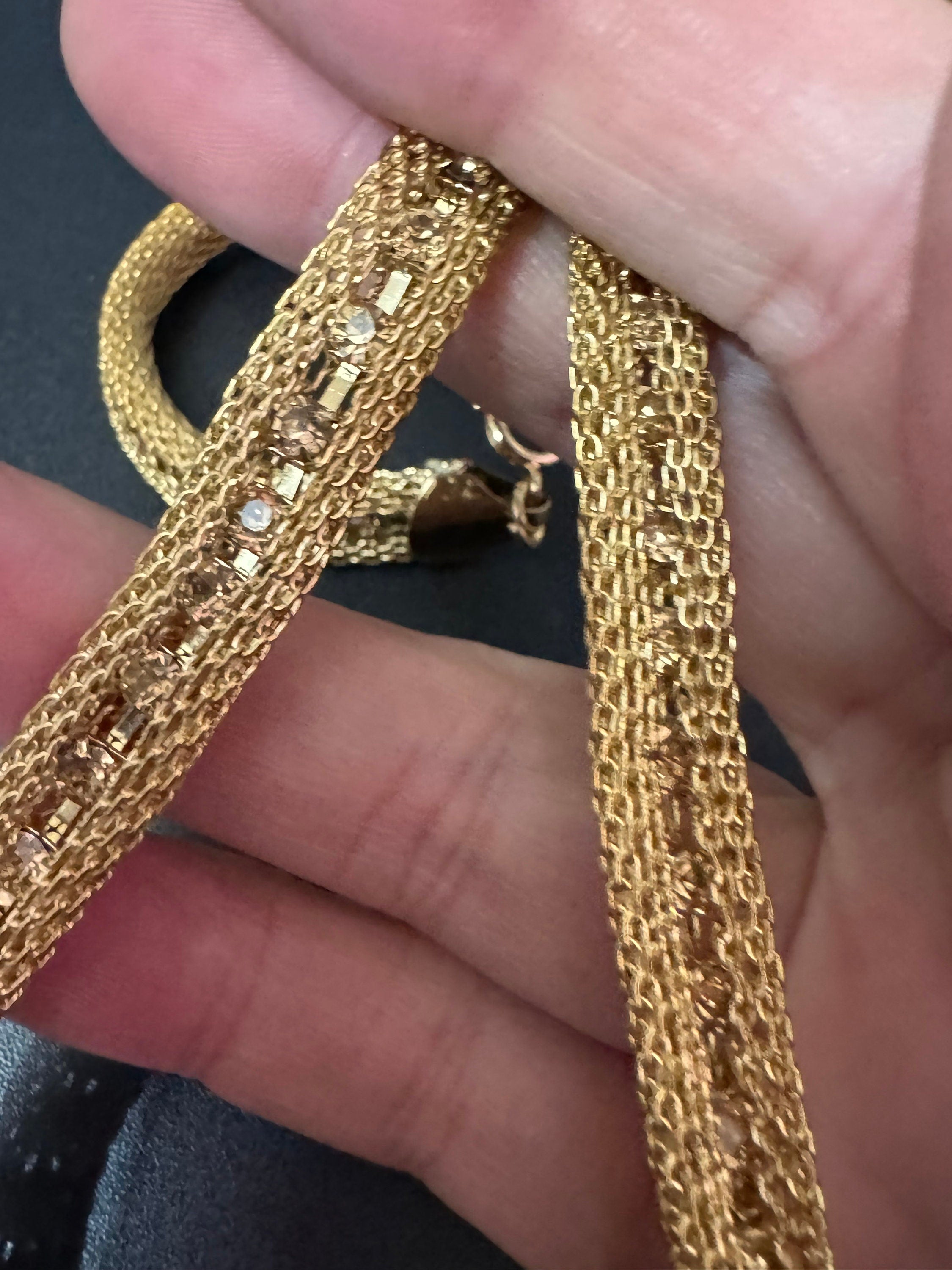 Vintage gold tone topaz colour light brown diamanté mesh choker necklace 57cm fixed length