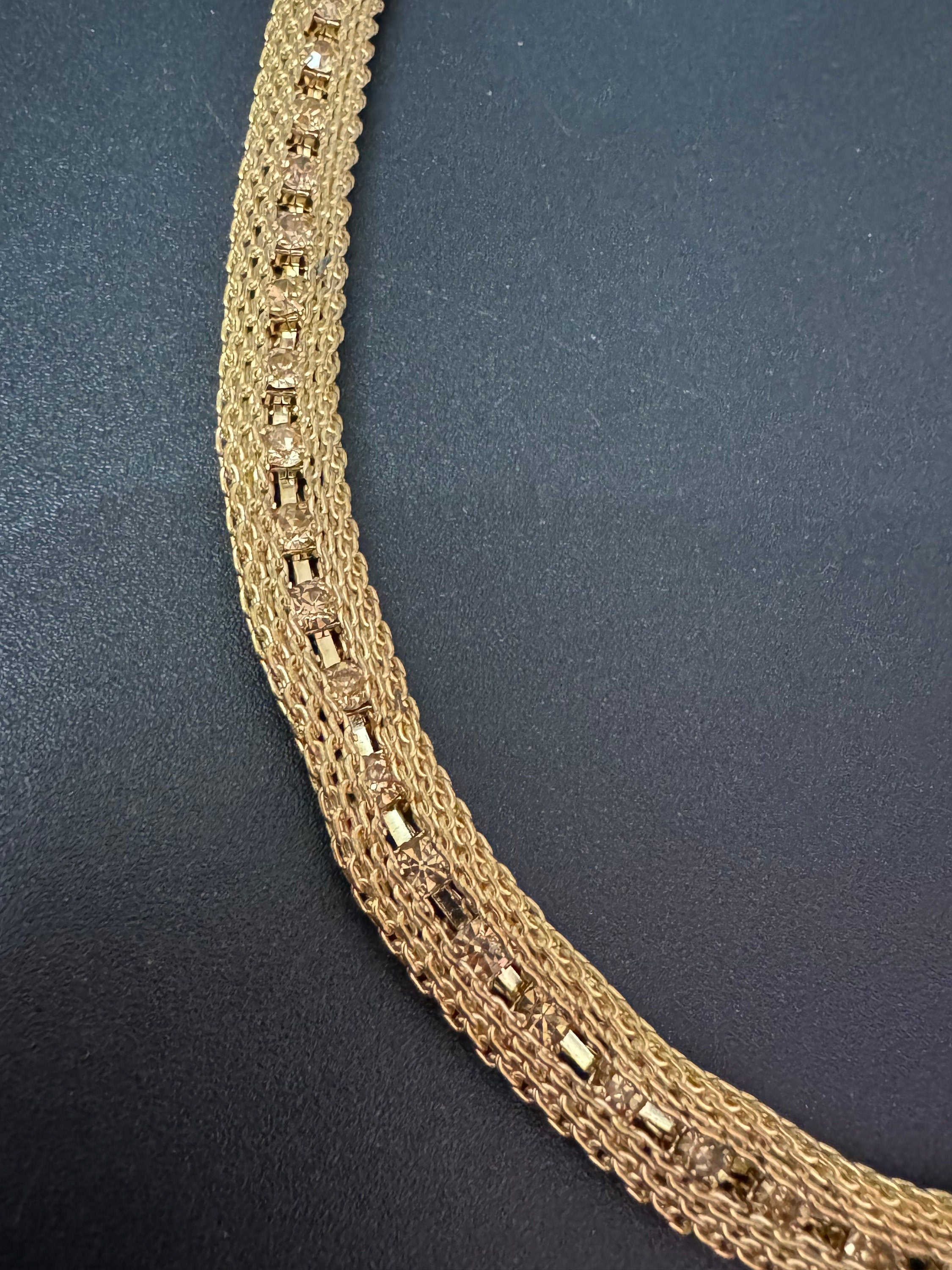 Vintage gold tone topaz colour light brown diamanté mesh choker necklace 57cm fixed length