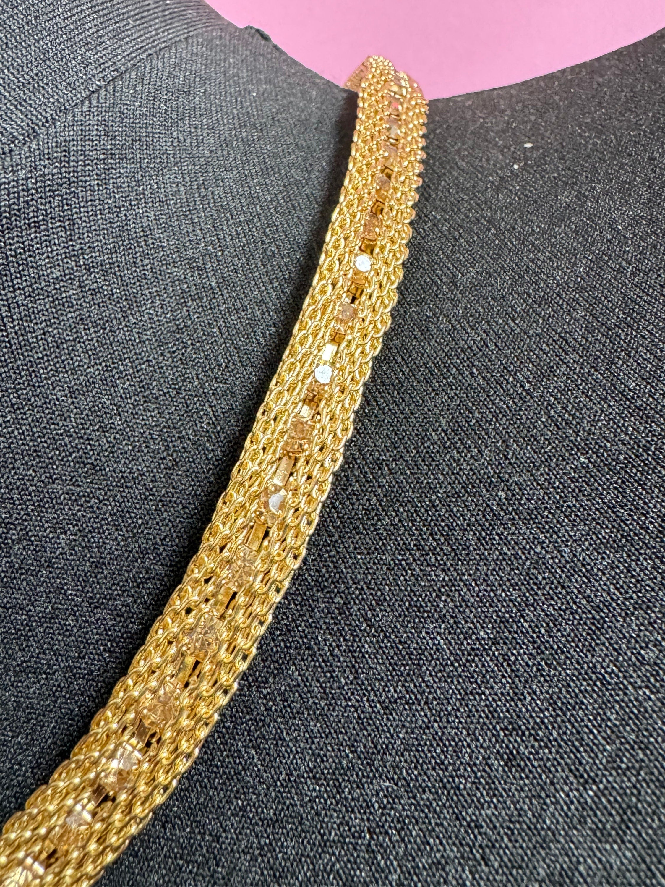 Vintage gold tone topaz colour light brown diamanté mesh choker necklace 57cm fixed length