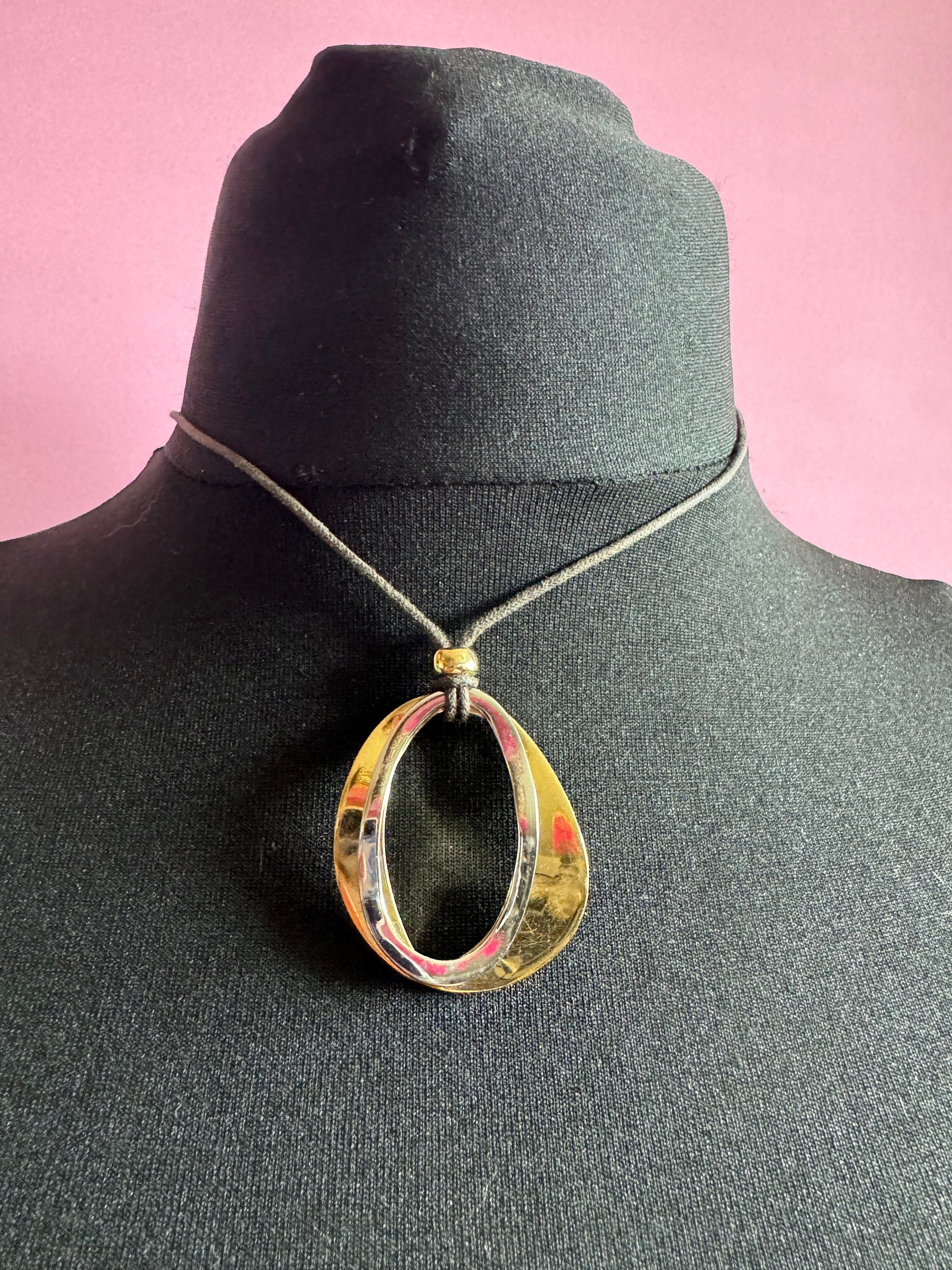 Vintage retro AGATHA PARIS signed gold and silver tone modernist abstract pendant necklace black leather