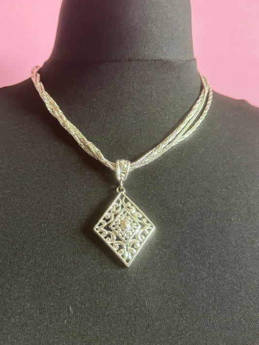 Signed NAPIER designer silver tone multi strand diamond pendant necklace