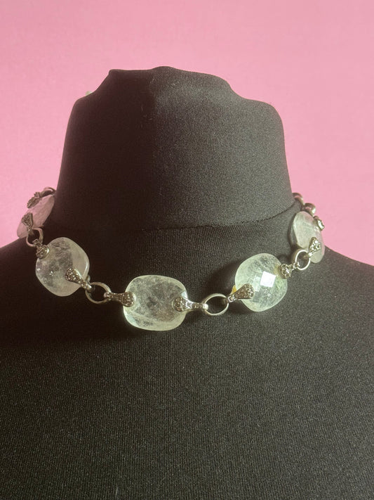 Signed MONET Vintage chunky steel silver tone faceted glass crystal beaded choker necklace 46cm