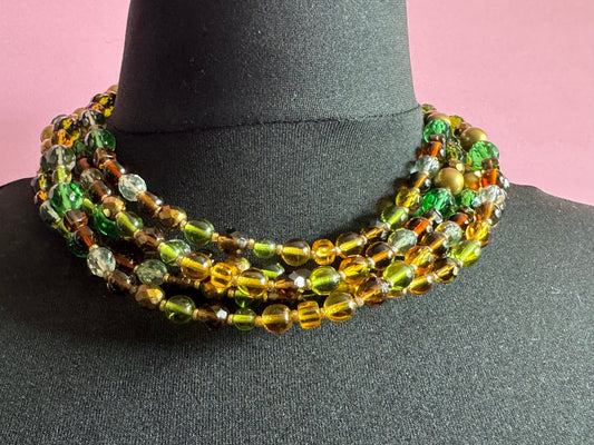 250cm signed Joan Rivers very long gold tone green orange brown pearl beaded wrap flapper necklace