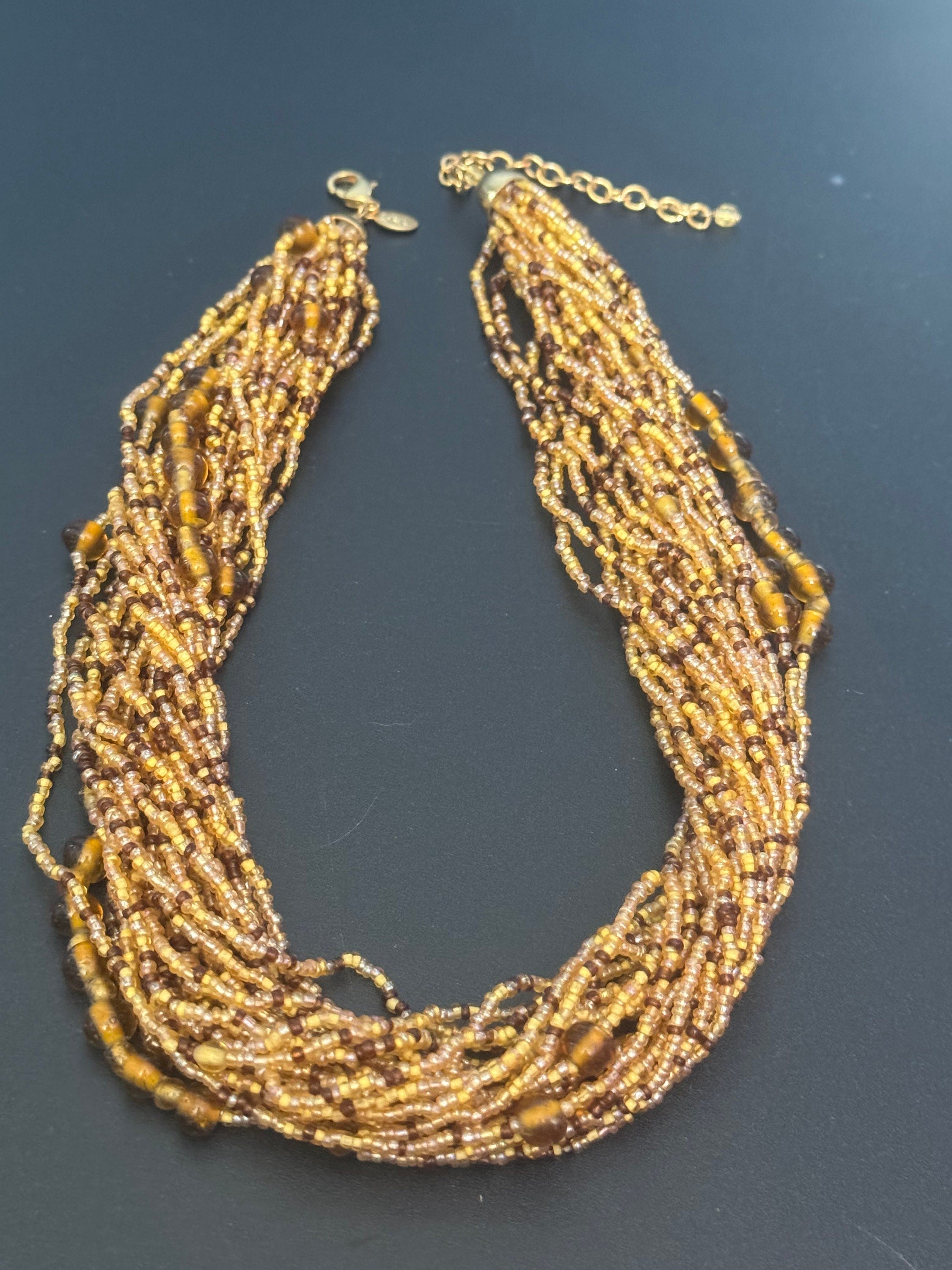 Signed Joan rivers Vintage brown bronze glass seed bead twisted multi-strand choker necklace