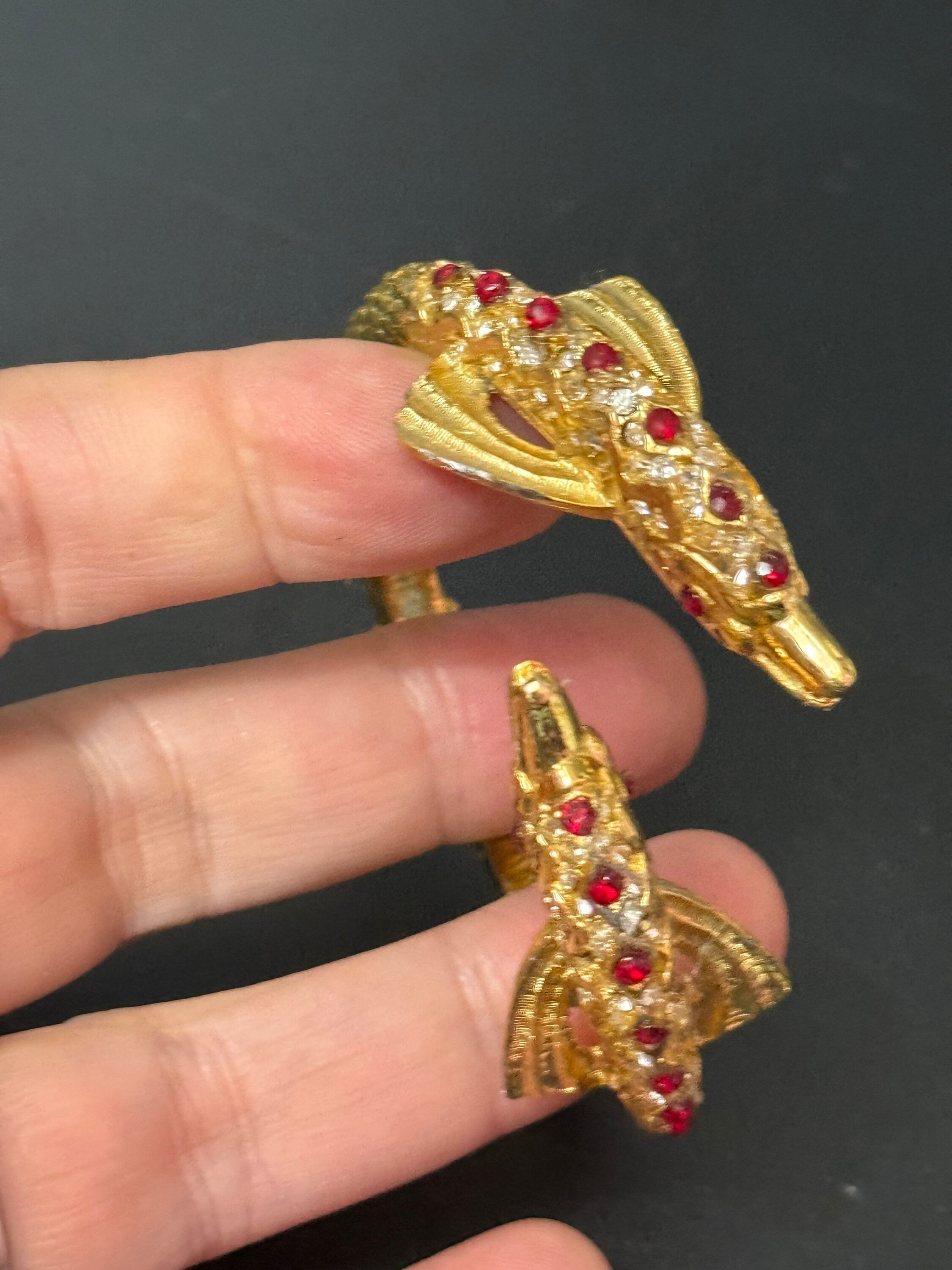 Retro dolphin fish nautical gold tone ruby red and clear diamanté clamper bangle