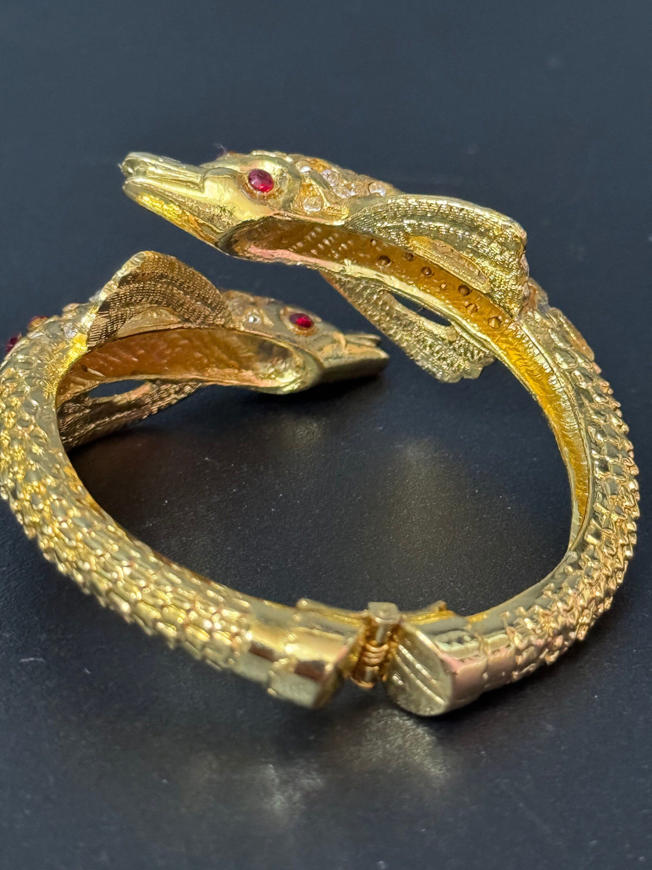 Retro dolphin fish nautical gold tone ruby red and clear diamanté clamper bangle