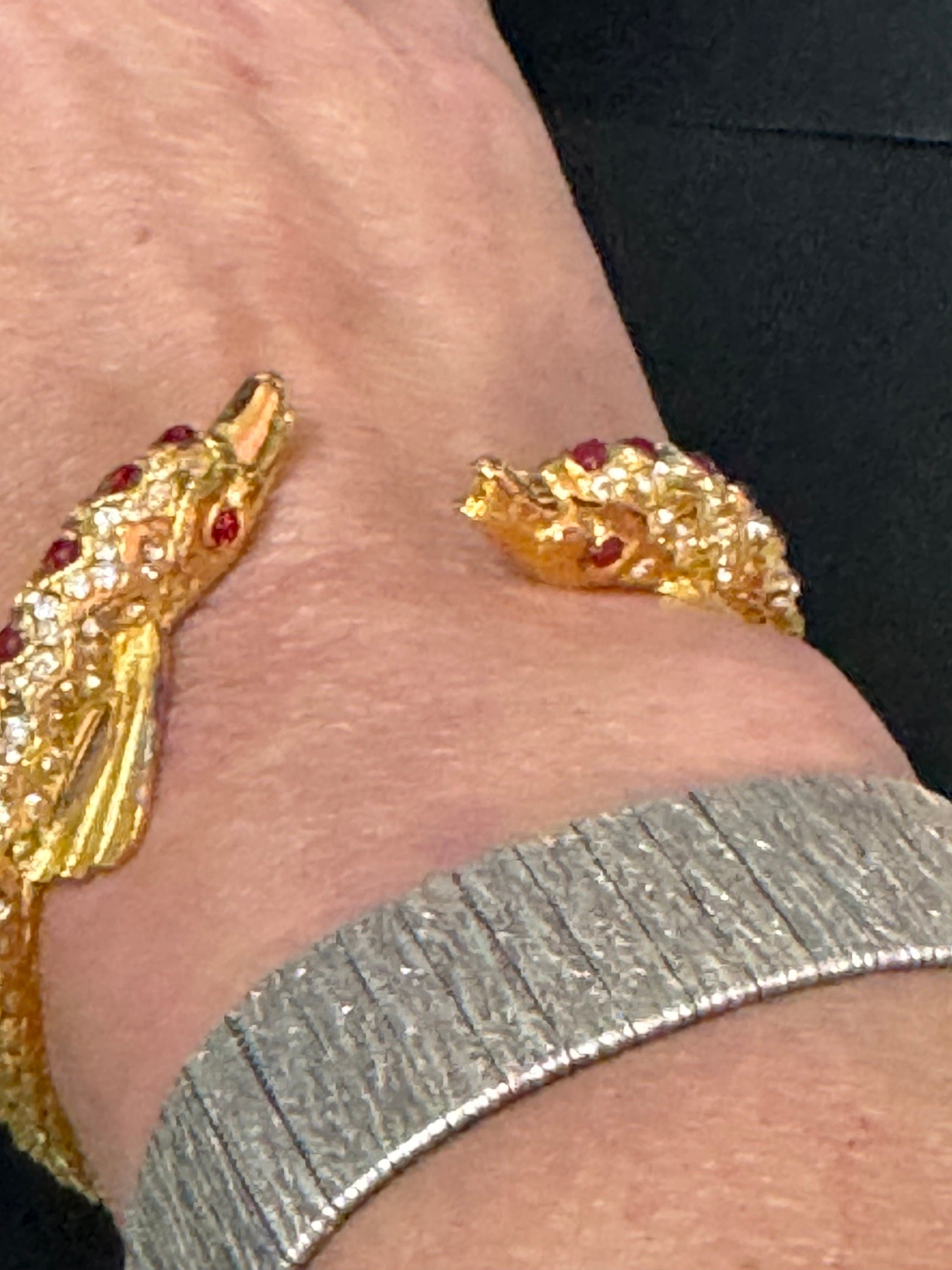 Retro dolphin fish nautical gold tone ruby red and clear diamanté clamper bangle