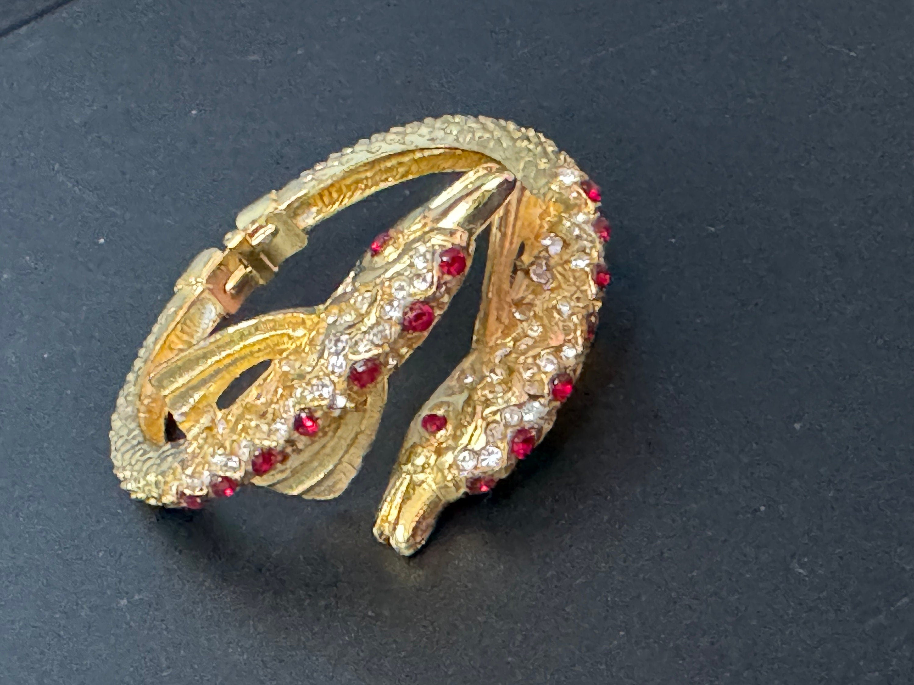 Retro dolphin fish nautical gold tone ruby red and clear diamanté clamper bangle