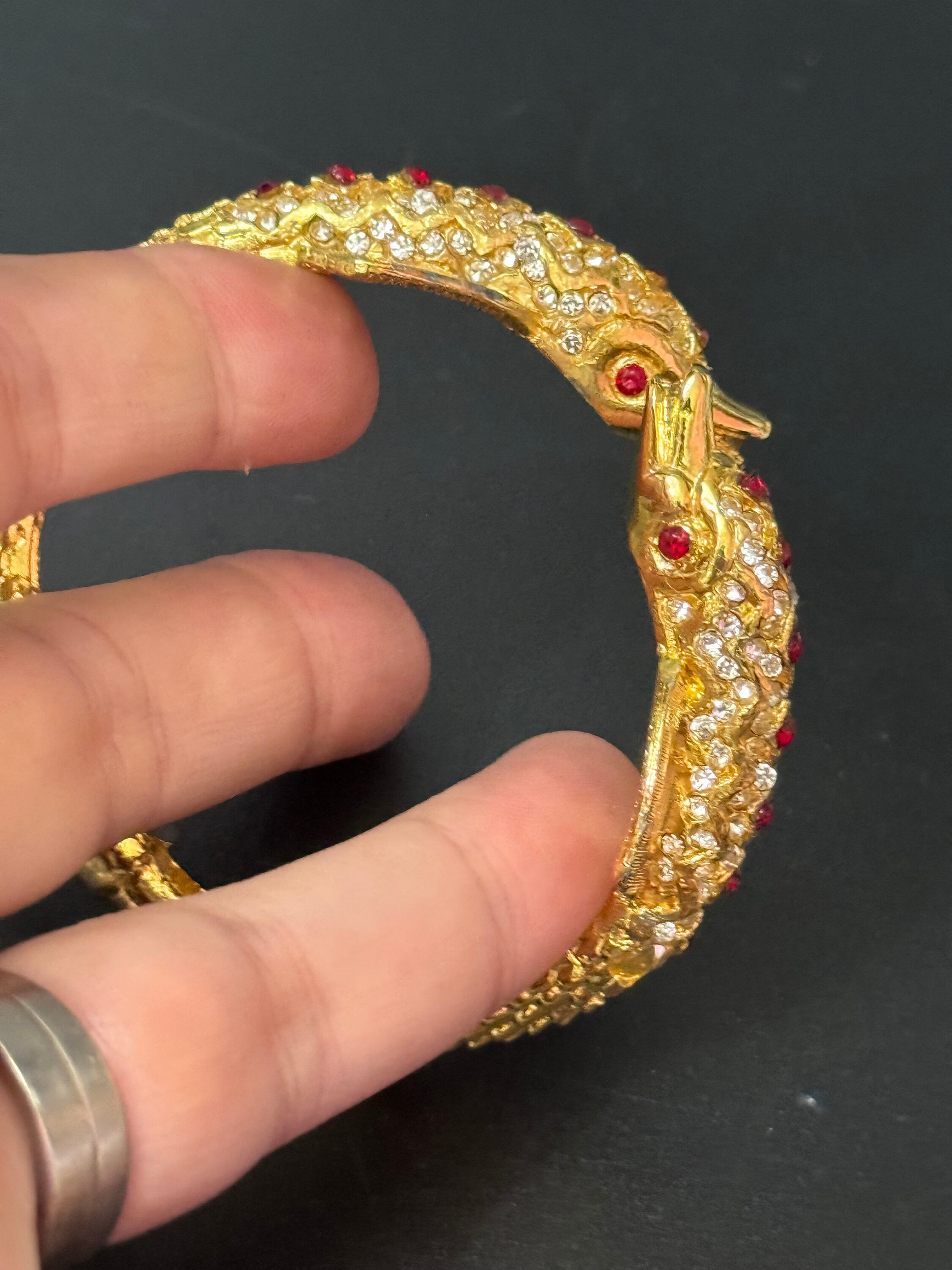Retro dolphin fish nautical gold tone ruby red and clear diamanté clamper bangle