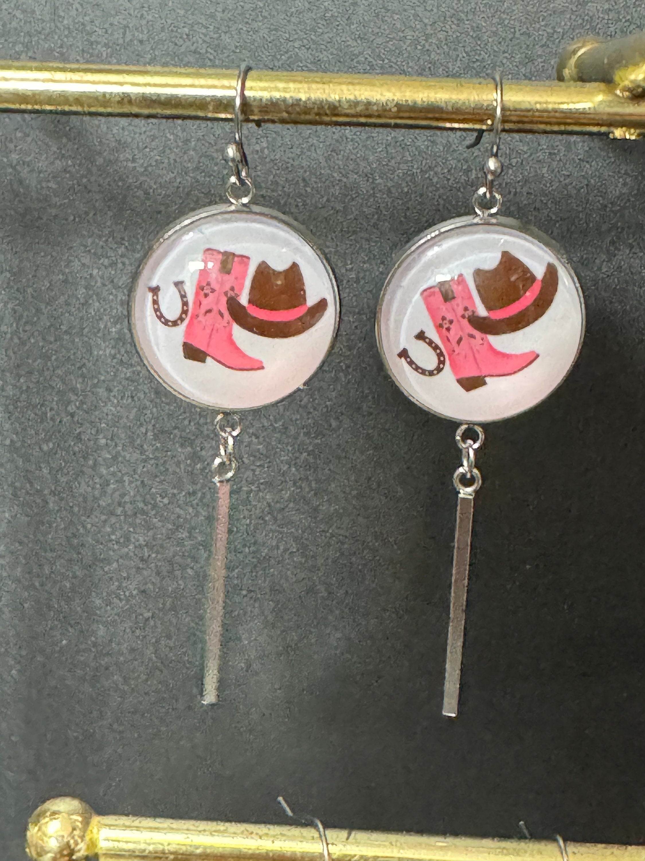 Cowgirl Earrings: Pink Boots Hat, Stainless Steel swifty Earrings