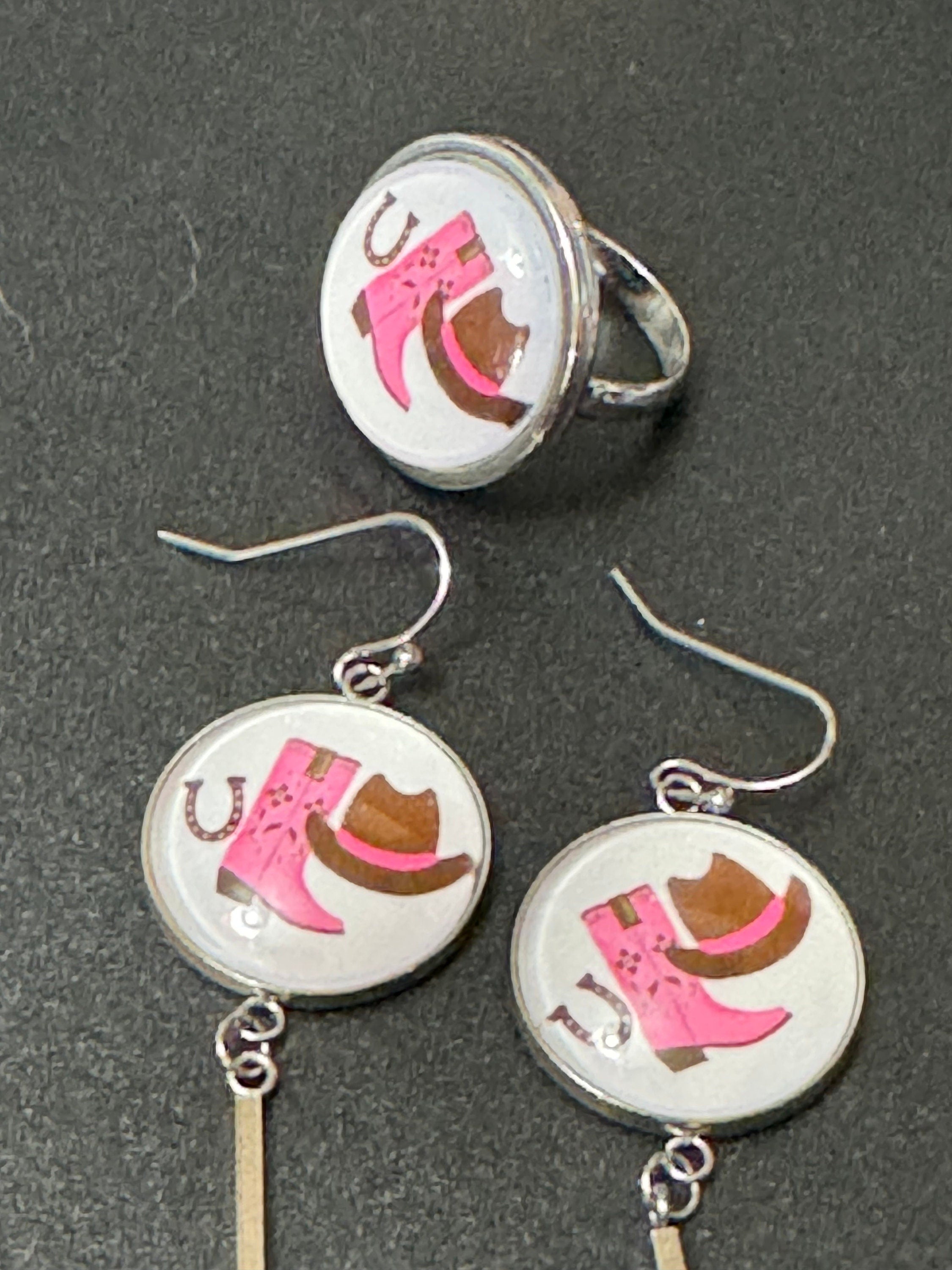 Pink Cowgirl ring Western 2.0  20mm glass cabochon cowboy boots hat adjustable dress ring stainless steel so no tarnish