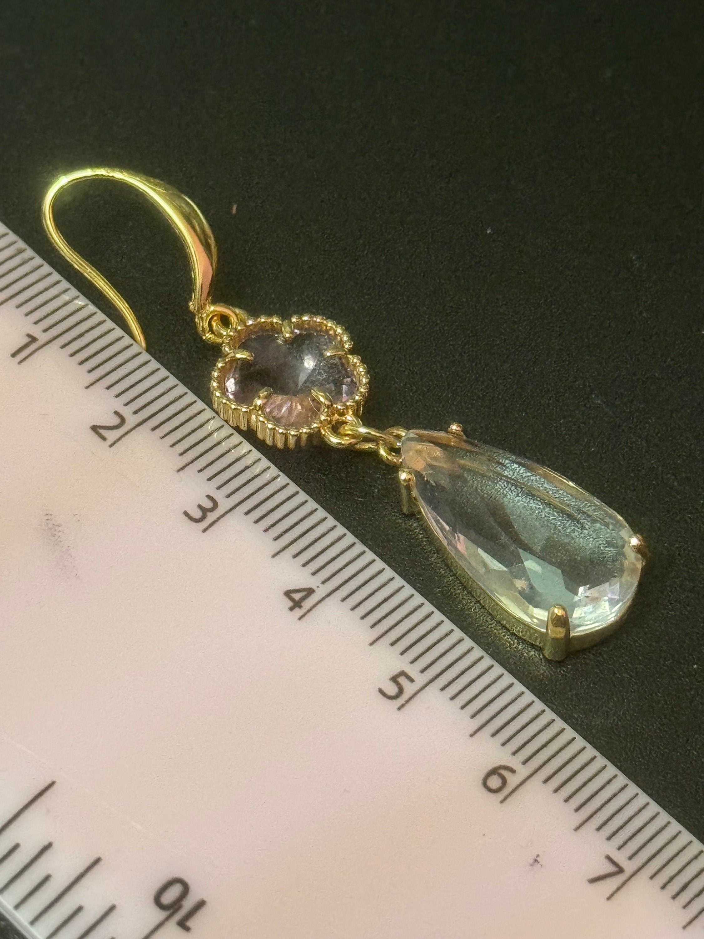 18k Gold plated pink and clear crystal glass clear diamanté teardrop clover earrings