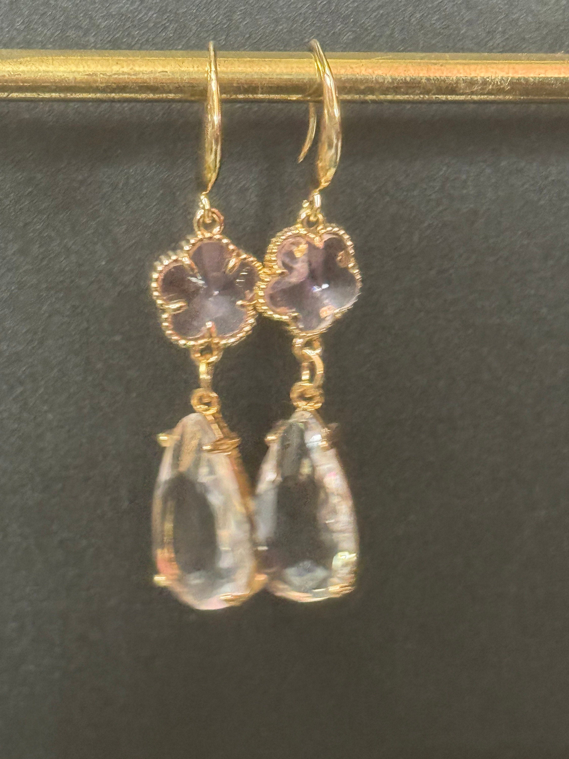 18k Gold plated pink and clear crystal glass clear diamanté teardrop clover earrings
