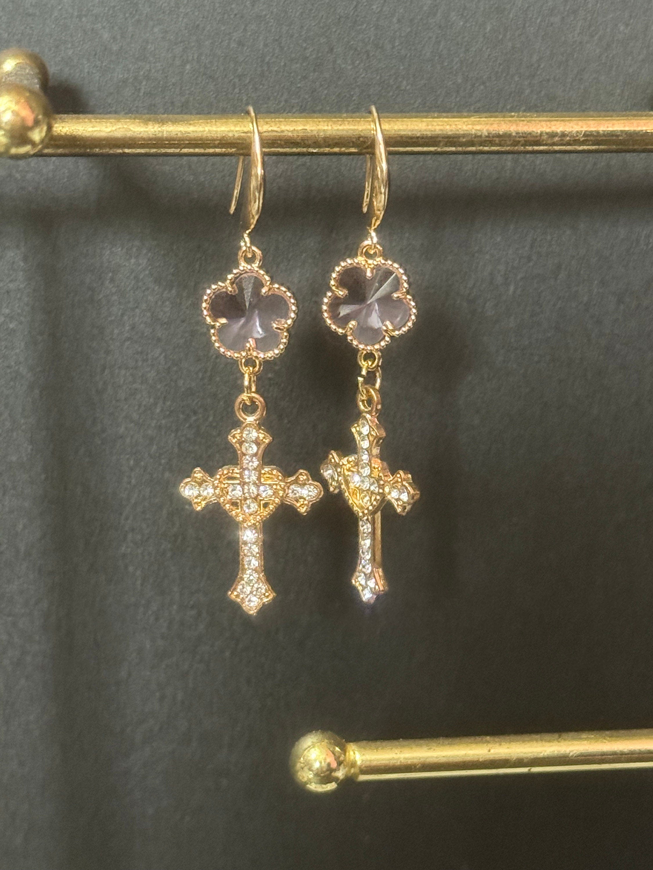 18k Gold plated pink and clear crystal glass clear diamanté cross earrings