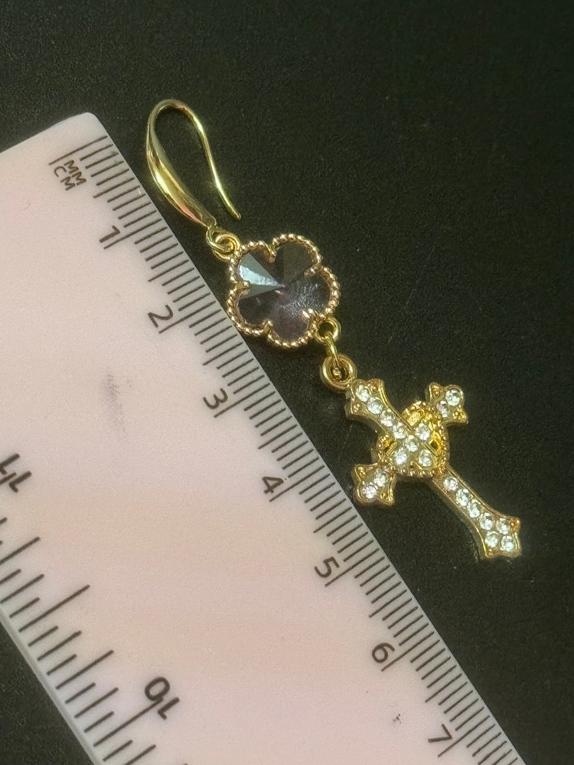 18k Gold plated pink and clear crystal glass clear diamanté cross earrings