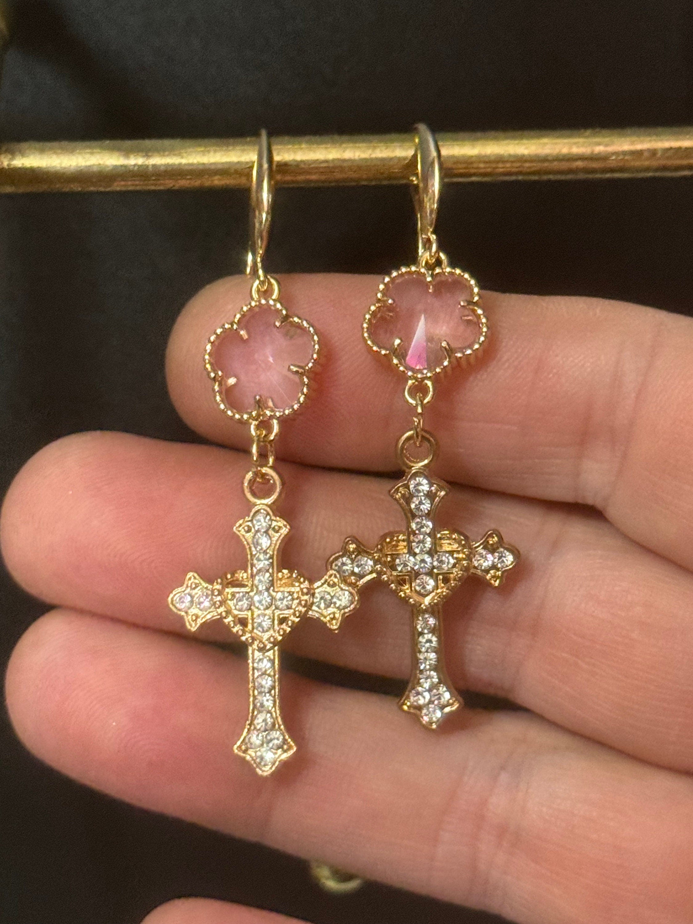 18k Gold plated pink and clear crystal glass clear diamanté cross earrings
