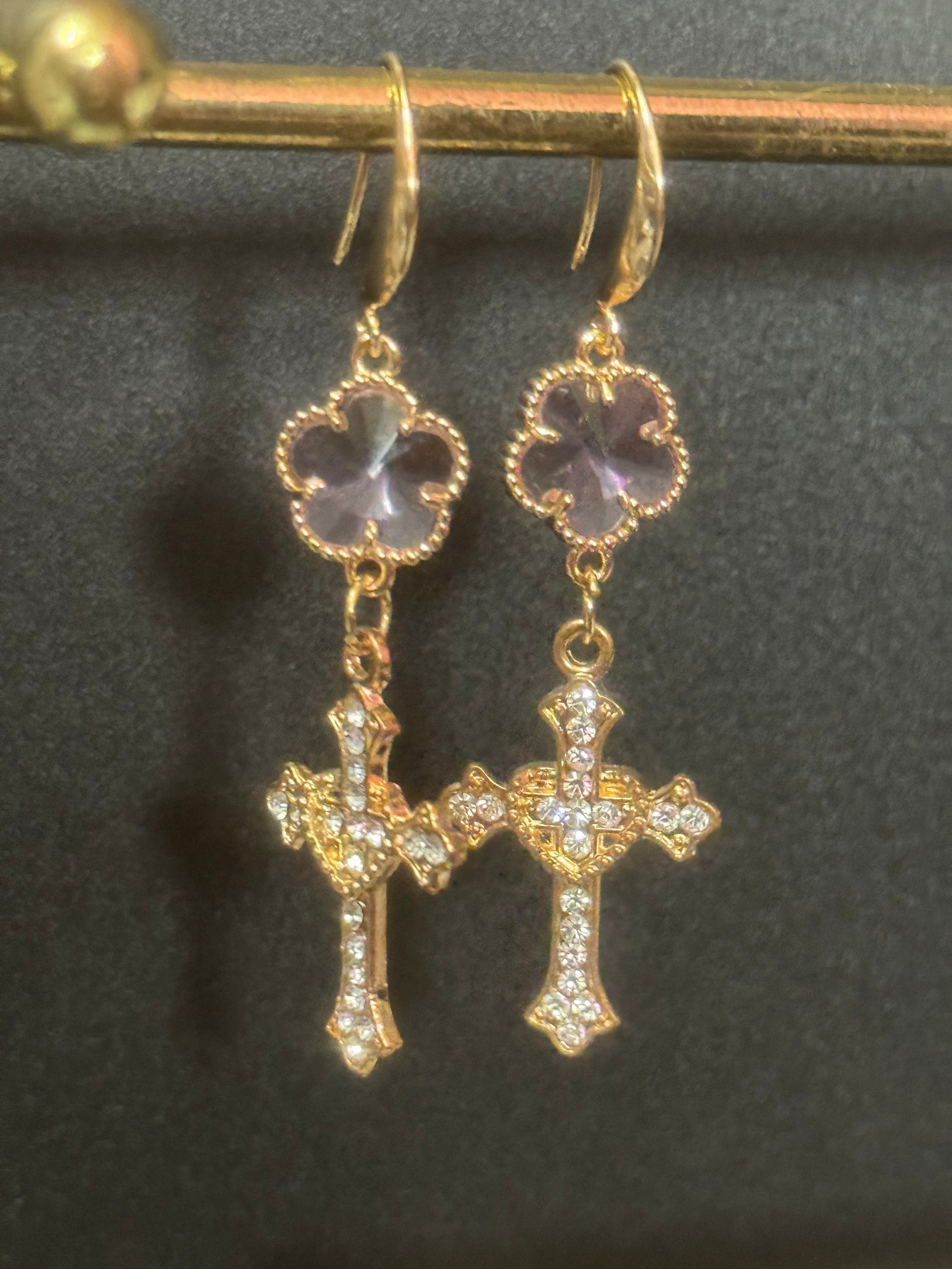 18k Gold plated pink and clear crystal glass clear diamanté cross earrings