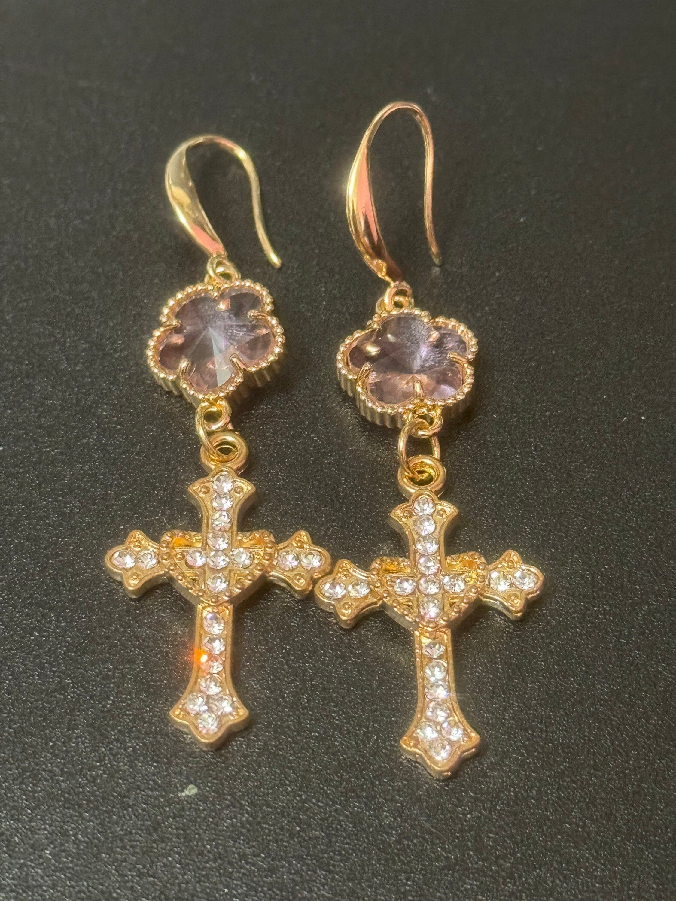 18k Gold plated pink and clear crystal glass clear diamanté cross earrings