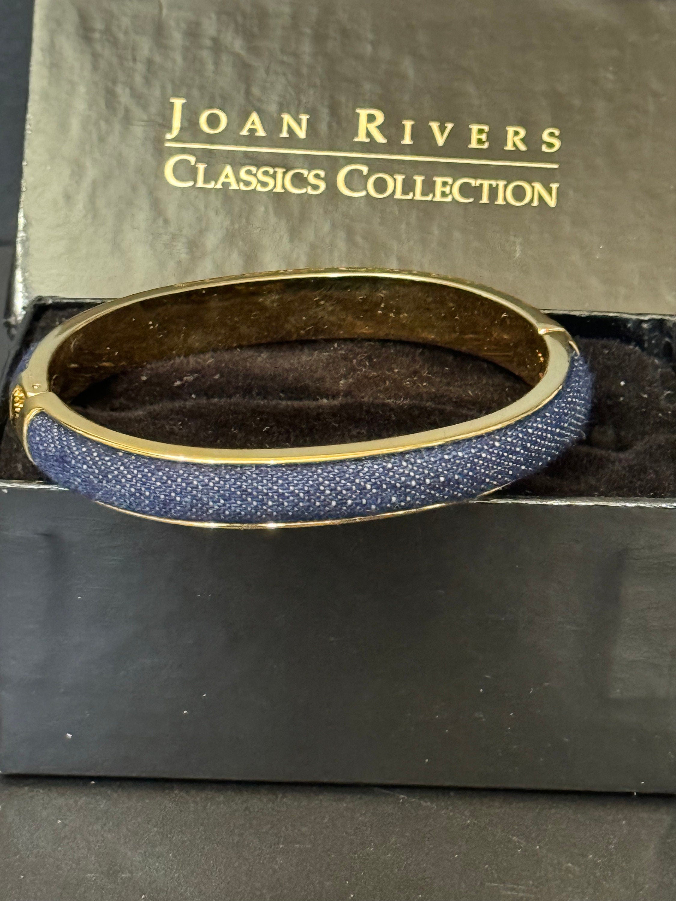 Signed Joan rivers gold plated denim blue clamper bangle cuff bracelet boxed