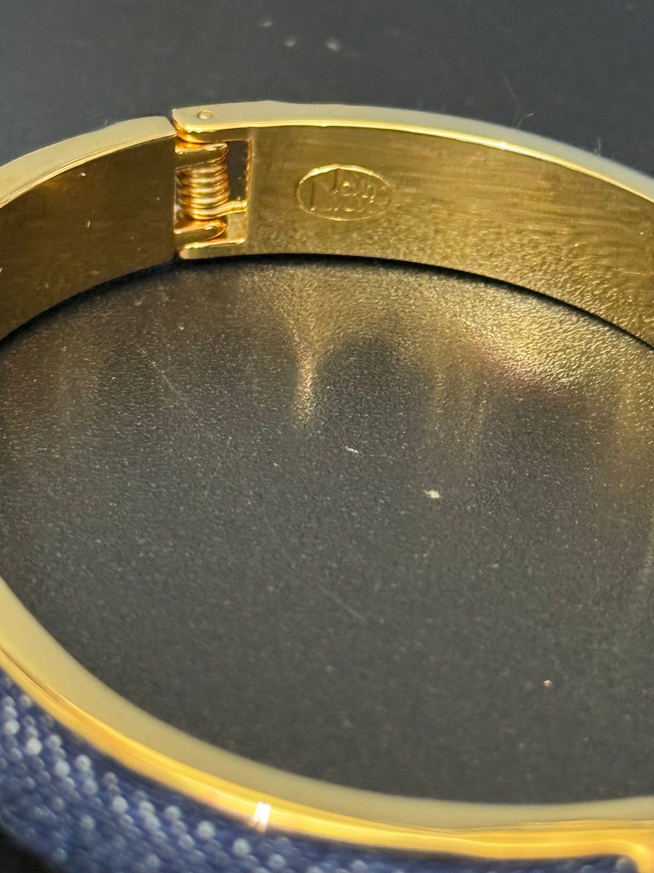 Signed Joan rivers gold plated denim blue clamper bangle cuff bracelet boxed
