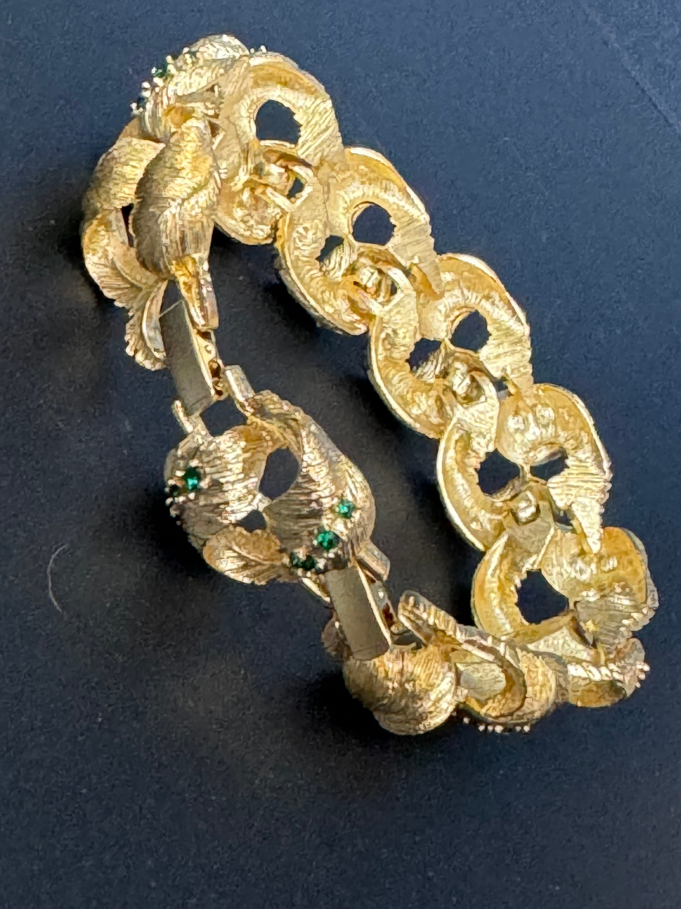 Signed JBK vintage gold tone emerald green rhinestone paste encrusted diamanté bracelet with extender links x 25mm