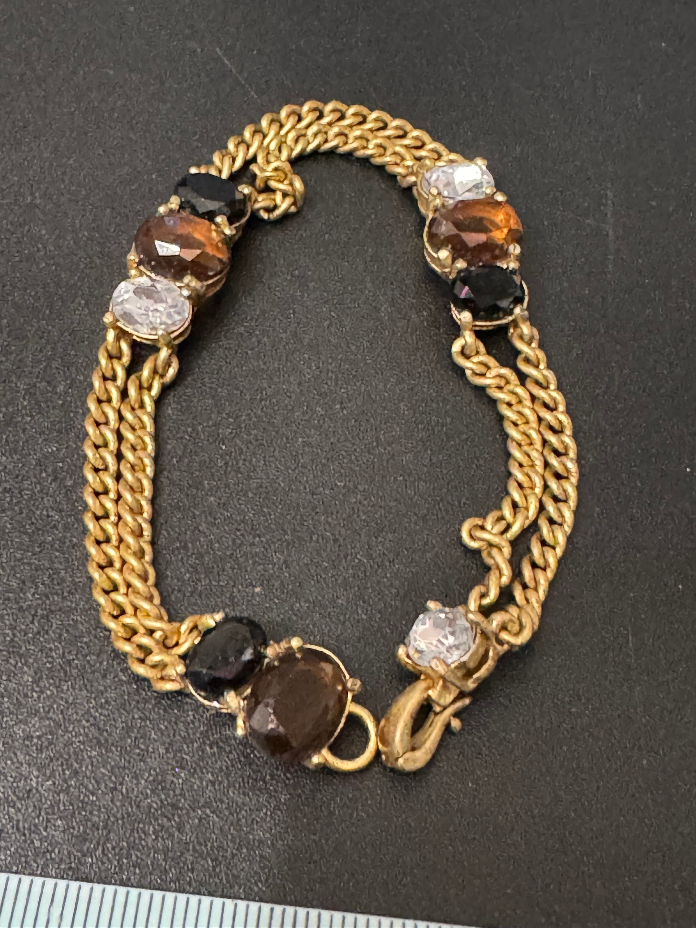 Vintage designer MONET signed gold tone brown diamanté rhinestone Matt antique gold tone chain bracelet