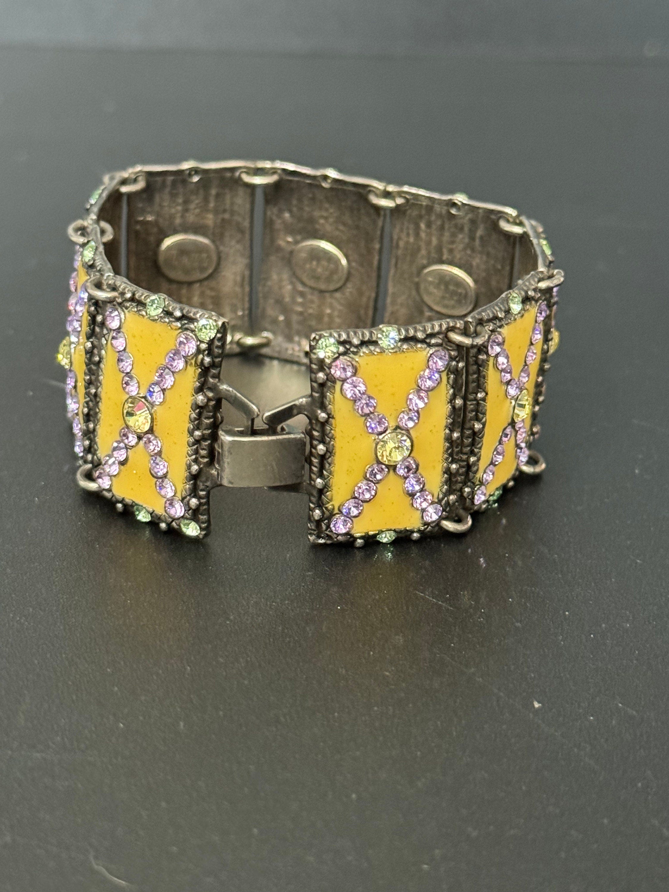 Vintage Taratata signed French designer Crystal panel link cream enamel wide cuff bracelet