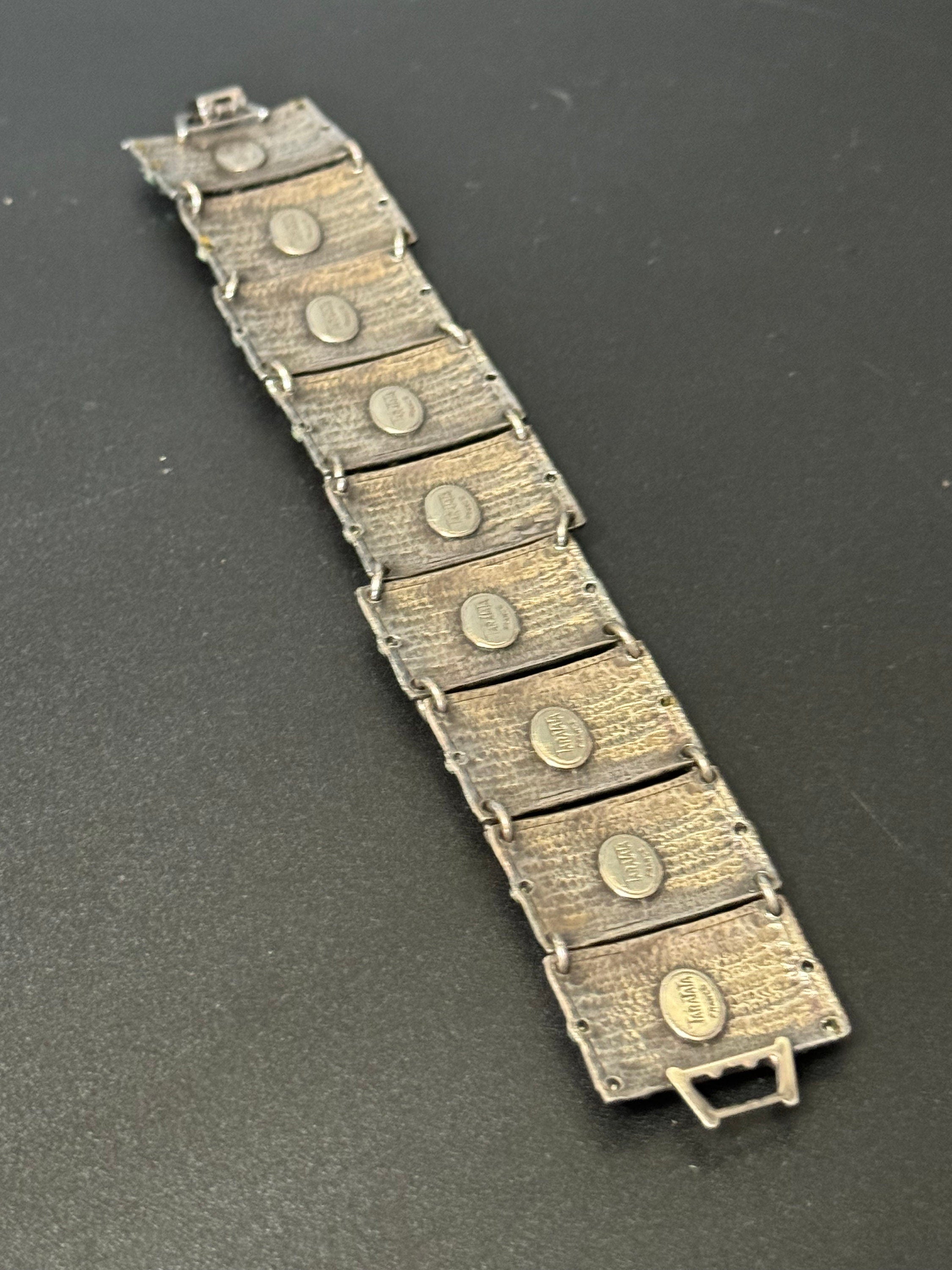 Vintage Taratata signed French designer Crystal panel link cream enamel wide cuff bracelet
