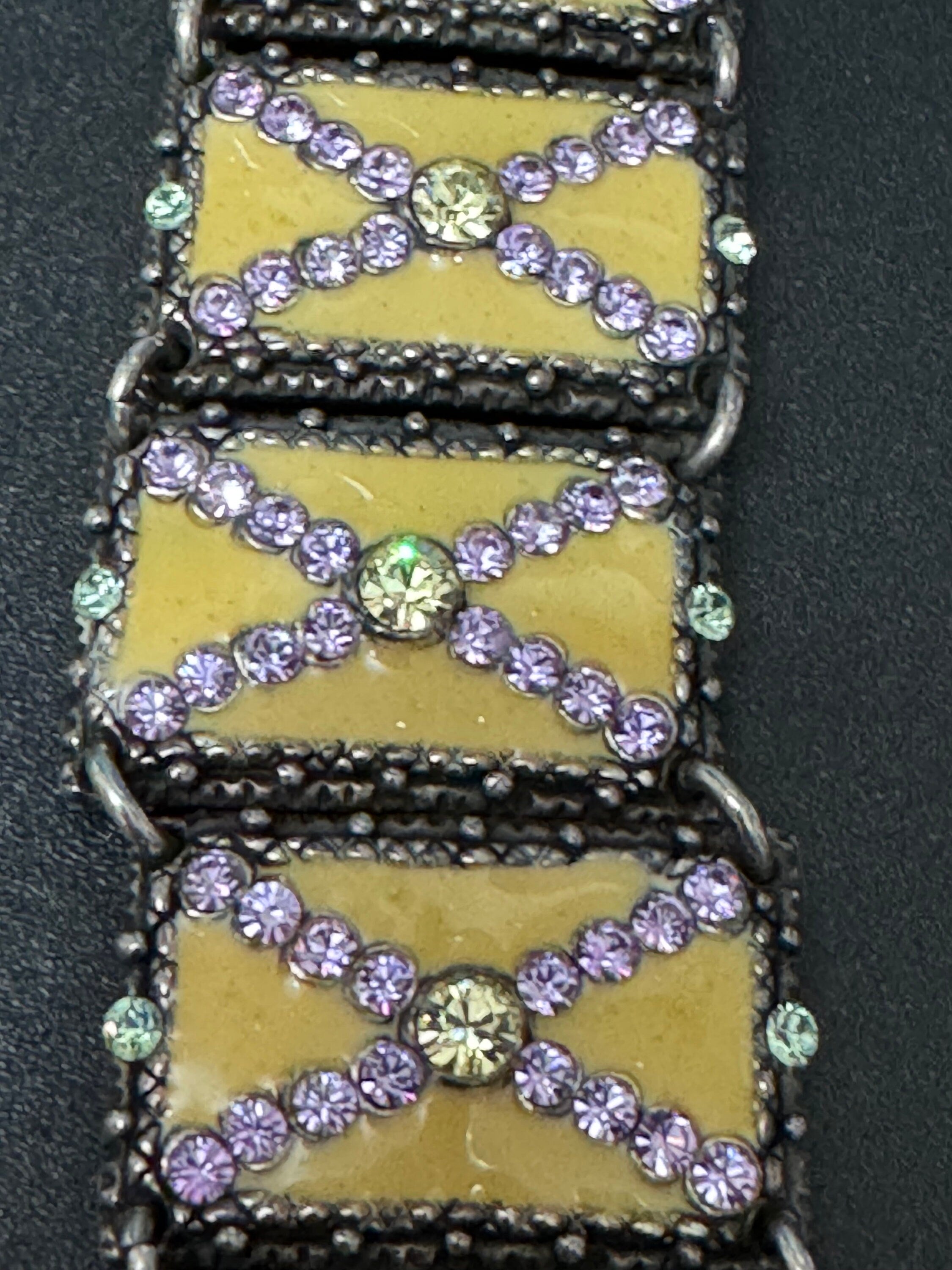 Vintage Taratata signed French designer Crystal panel link cream enamel wide cuff bracelet