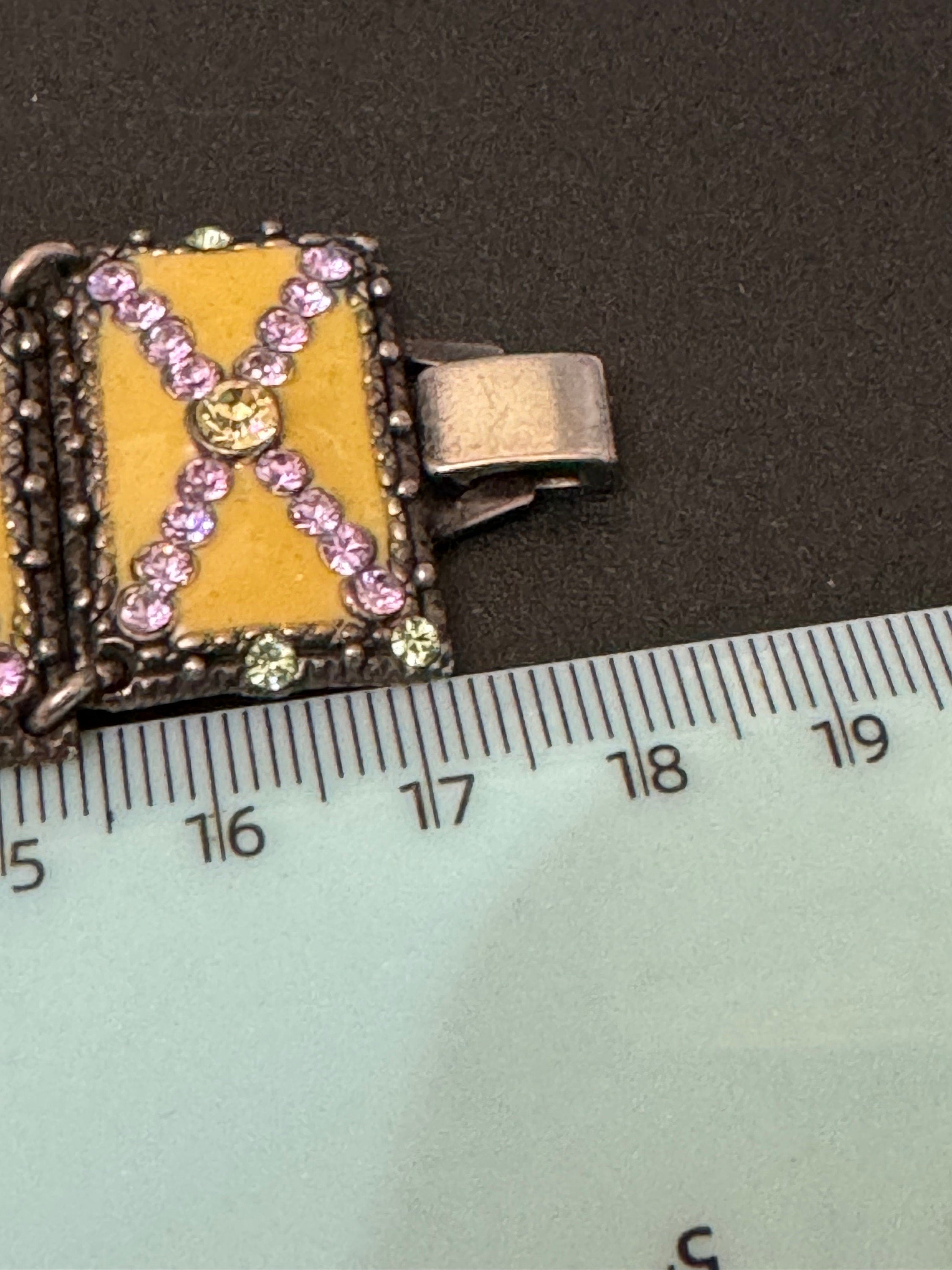 Vintage Taratata signed French designer Crystal panel link cream enamel wide cuff bracelet