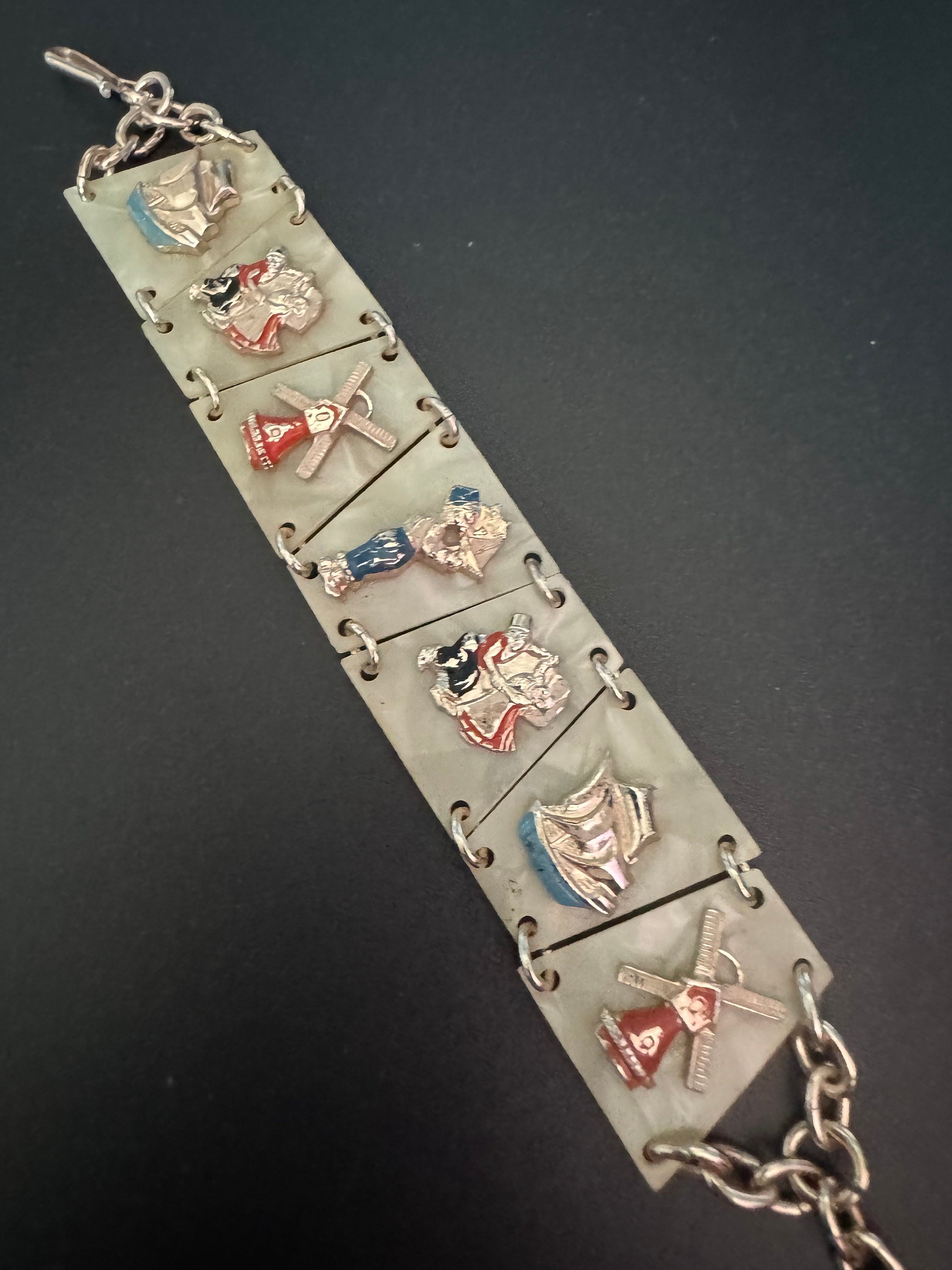 Dutch Vintage early plastic celluloid faux cream Pearl panel link kitsch bracelet with windmill Holland dancing 1940s 1950s