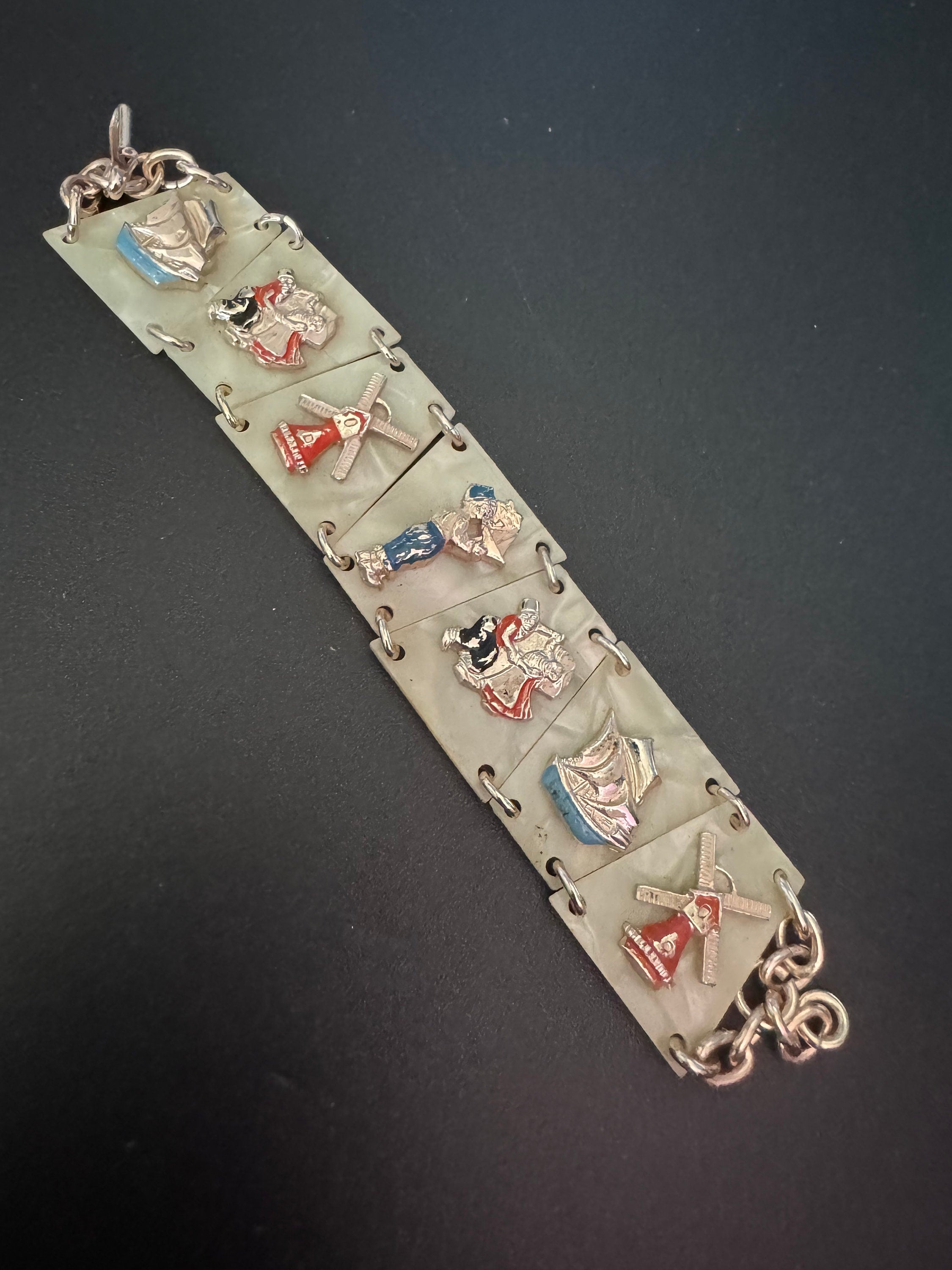 Dutch Vintage early plastic celluloid faux cream Pearl panel link kitsch bracelet with windmill Holland dancing 1940s 1950s