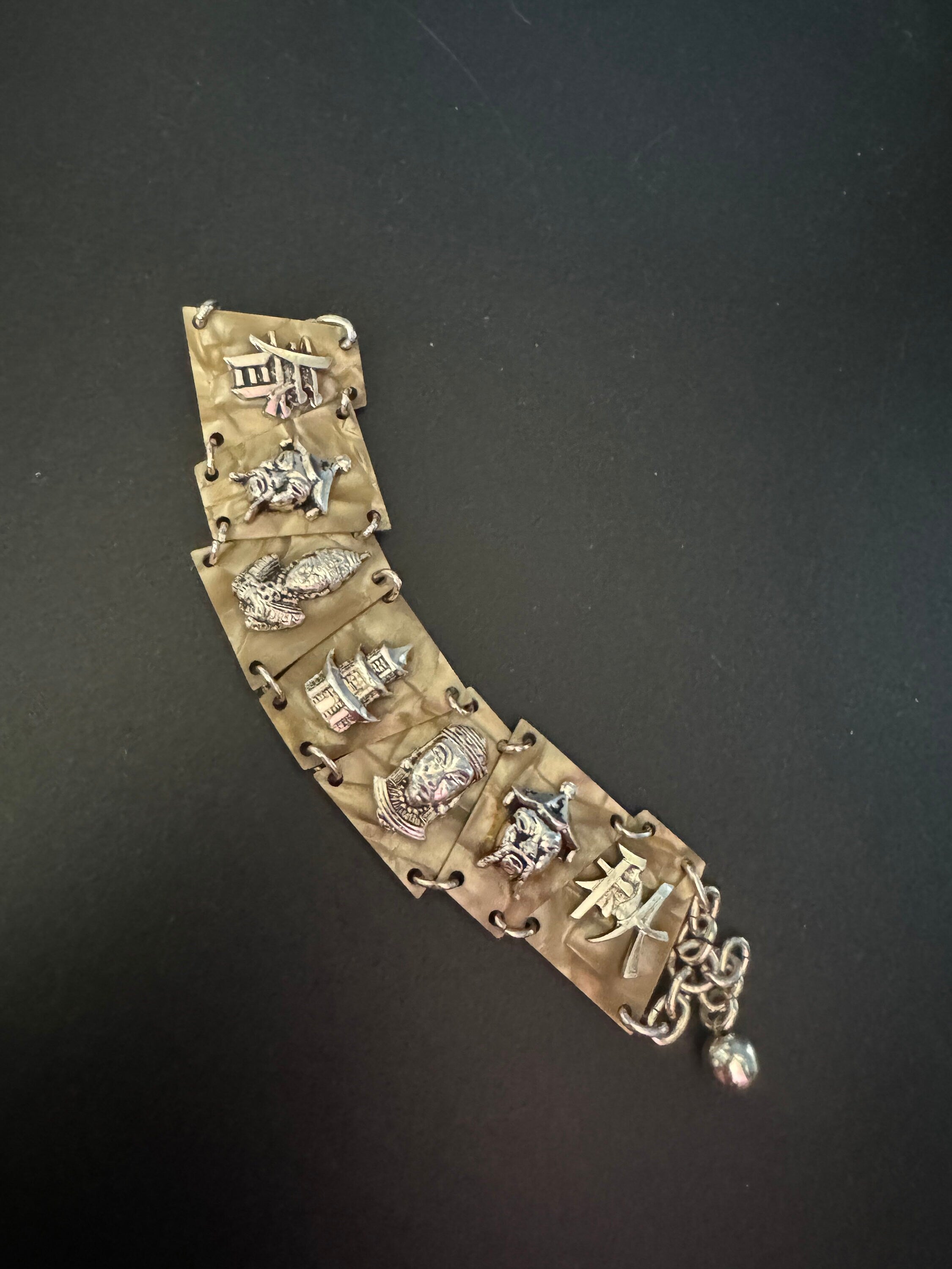 Chinese Vintage early plastic celluloid faux cream Pearl panel link kitsch bracelet with eastern motifs souvenir 1940s 1950s