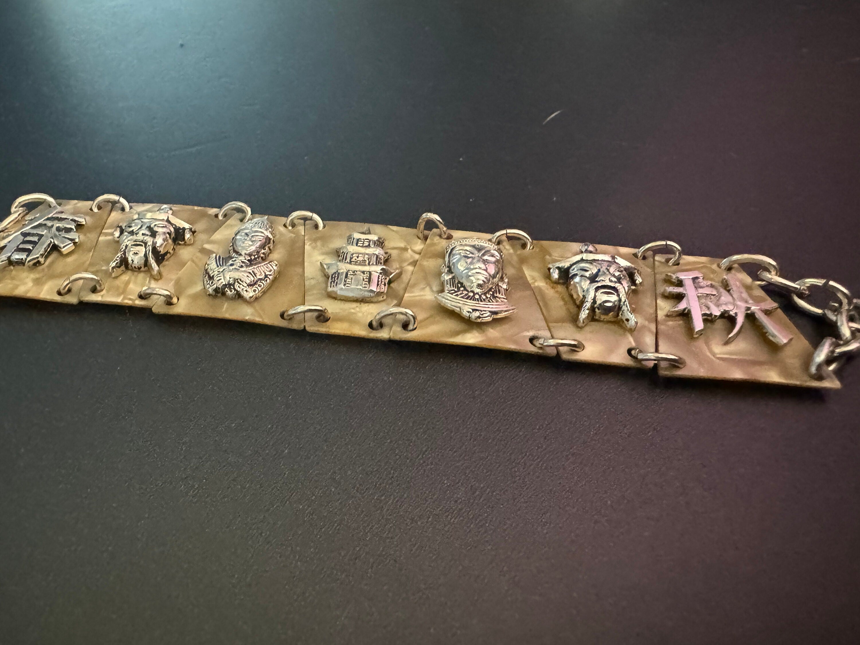 Chinese Vintage early plastic celluloid faux cream Pearl panel link kitsch bracelet with eastern motifs souvenir 1940s 1950s