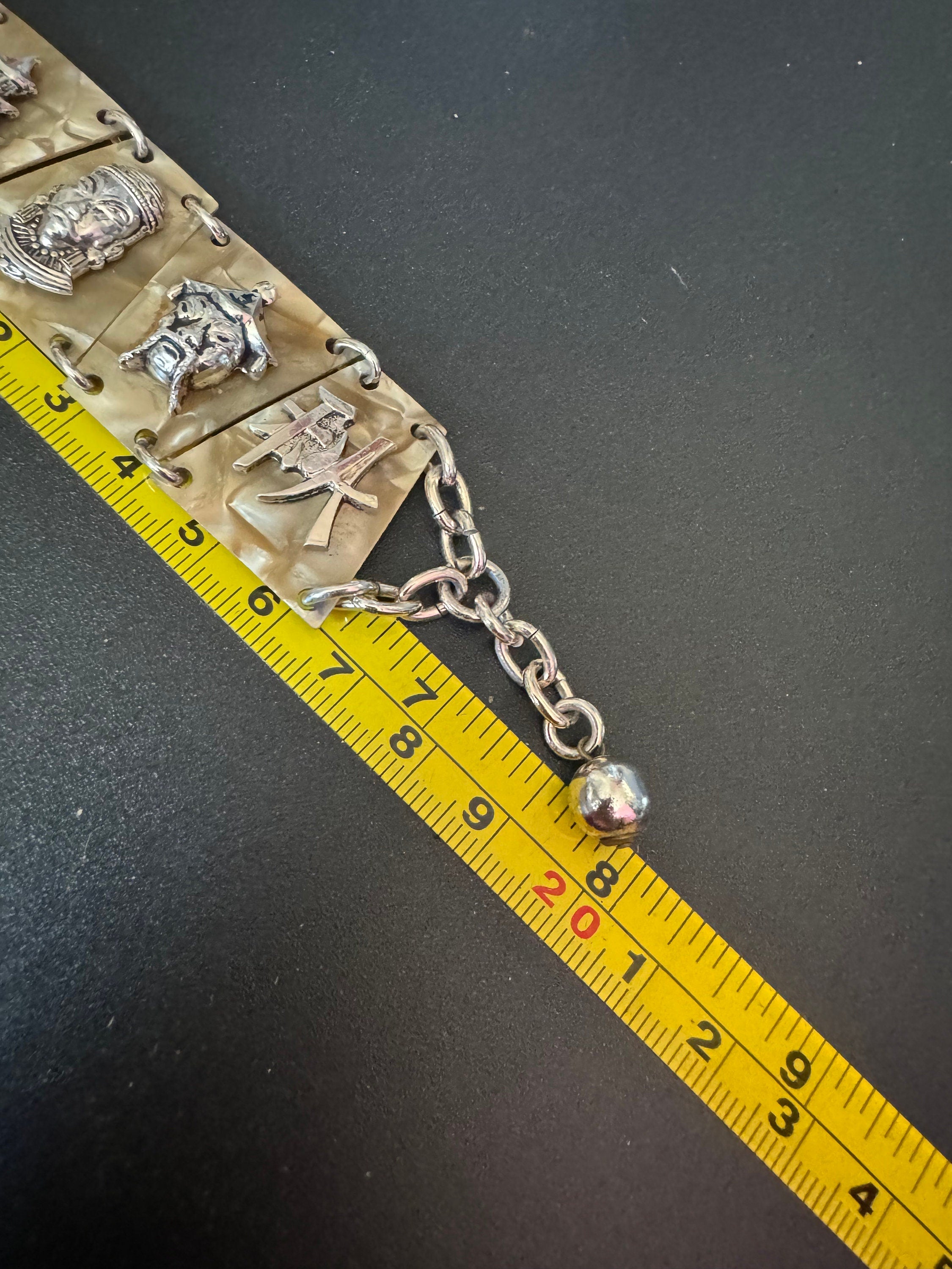 Chinese Vintage early plastic celluloid faux cream Pearl panel link kitsch bracelet with eastern motifs souvenir 1940s 1950s