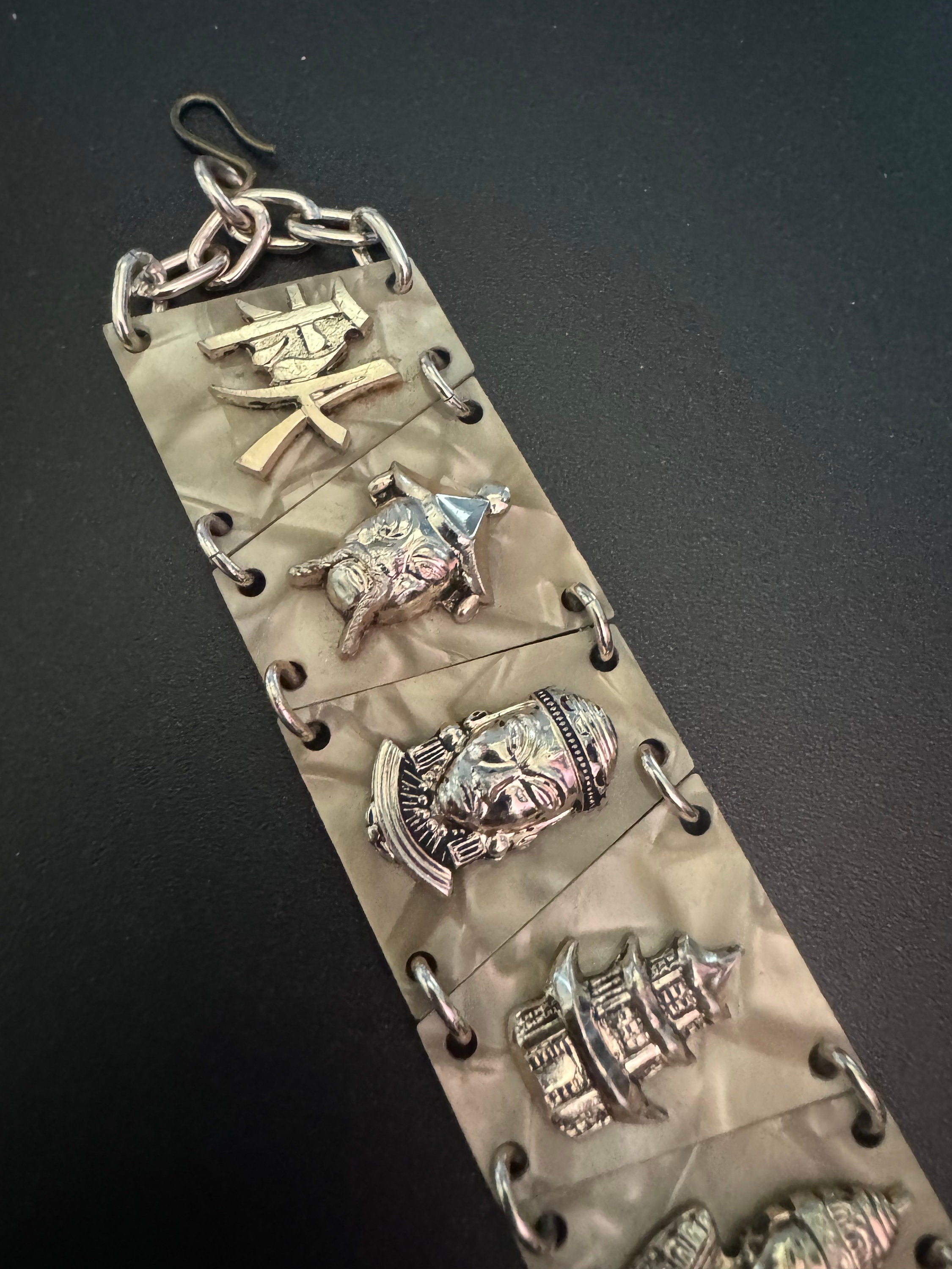 Chinese Vintage early plastic celluloid faux cream Pearl panel link kitsch bracelet with eastern motifs souvenir 1940s 1950s