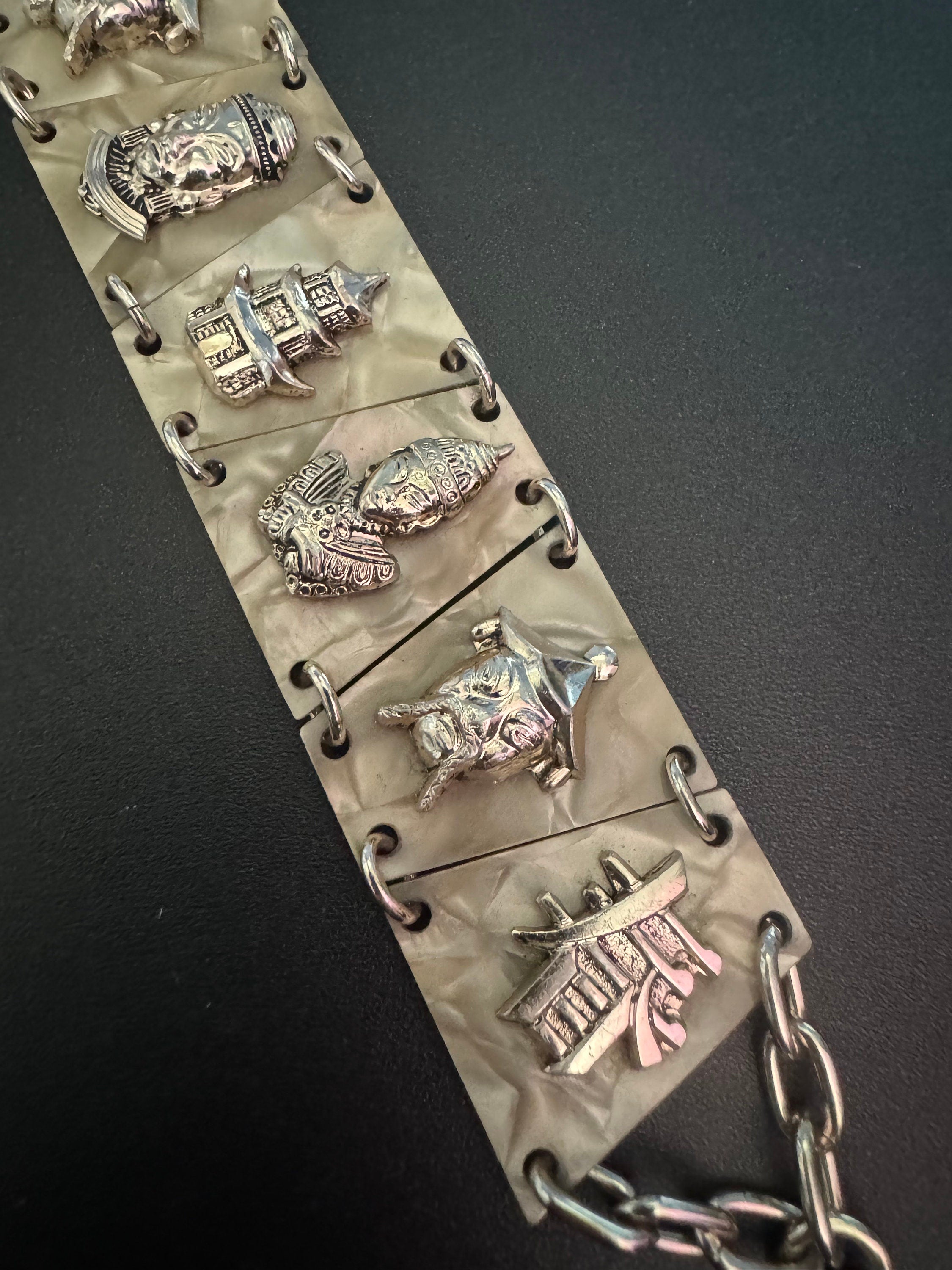 Chinese Vintage early plastic celluloid faux cream Pearl panel link kitsch bracelet with eastern motifs souvenir 1940s 1950s