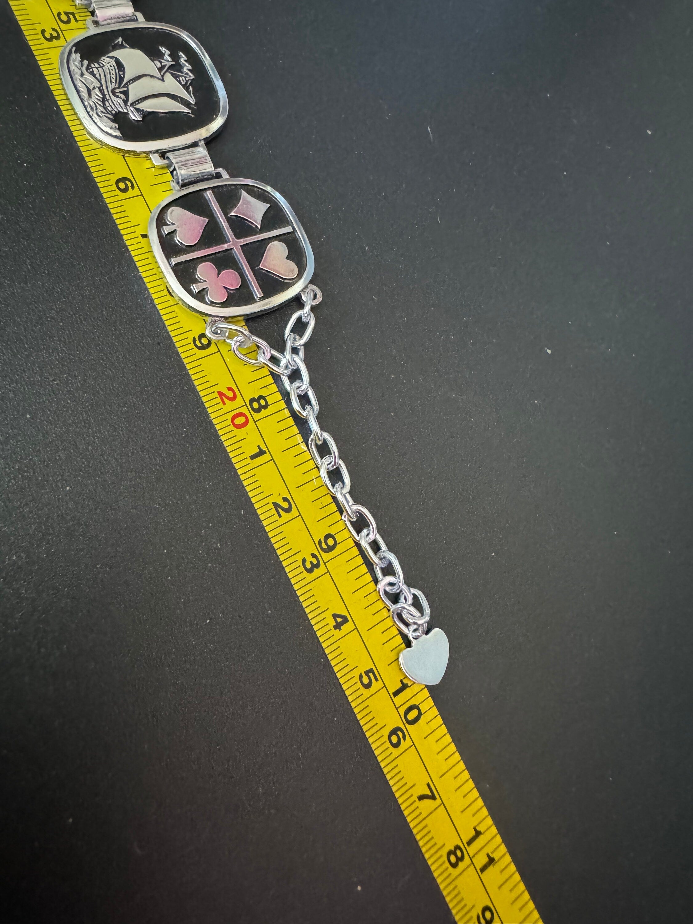 Vintage Silver Tone Black enamel Souvenir tourist panel link bracelet lightweight aluminium  travel cards horses