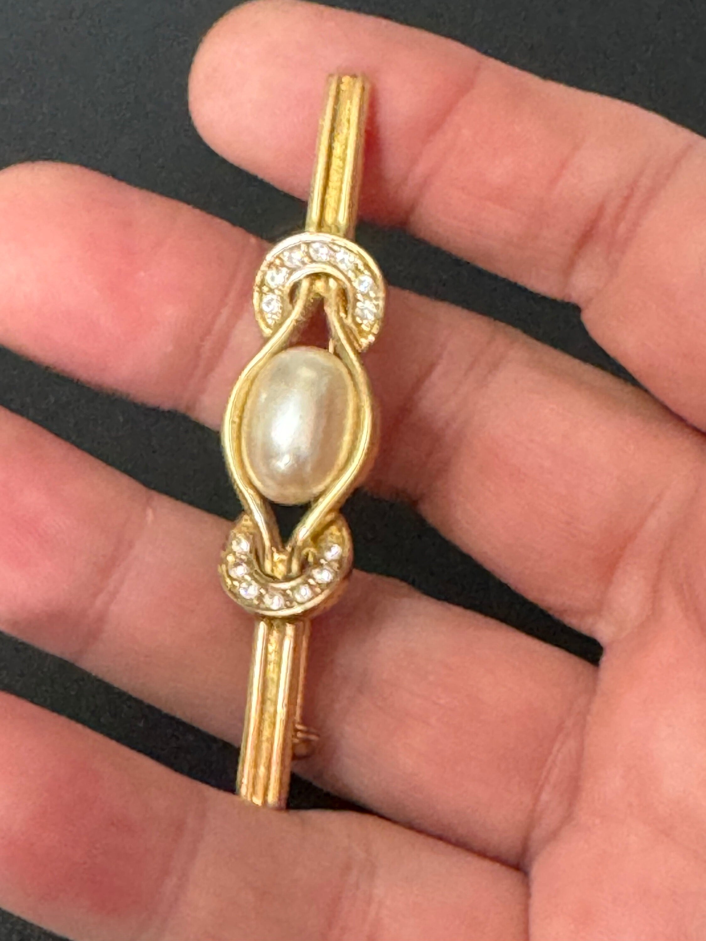 Signed BJ vintage retro gold tone bar brooch with faux pearls modernist minimalist jewellery