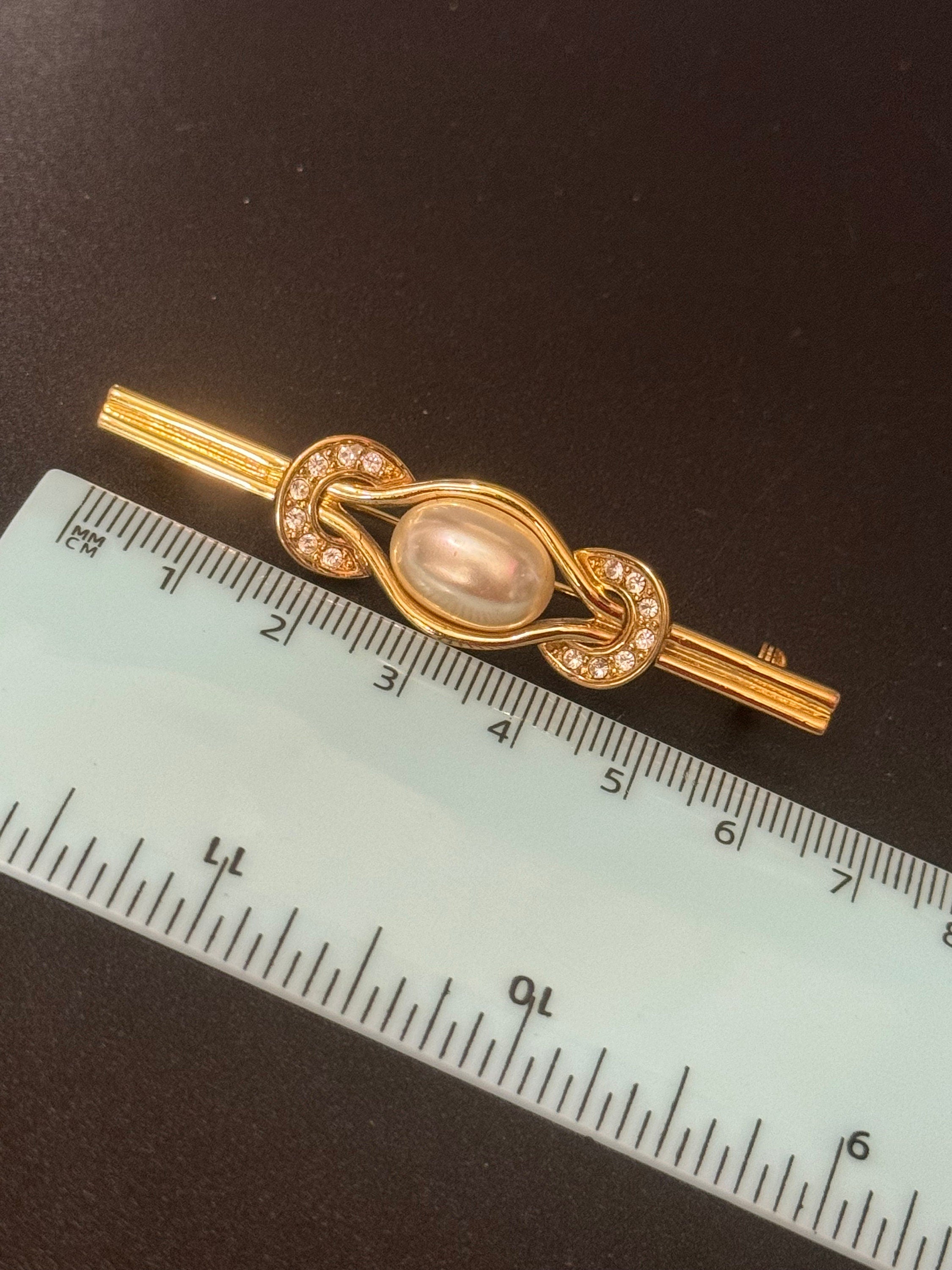 Signed BJ vintage retro gold tone bar brooch with faux pearls modernist minimalist jewellery
