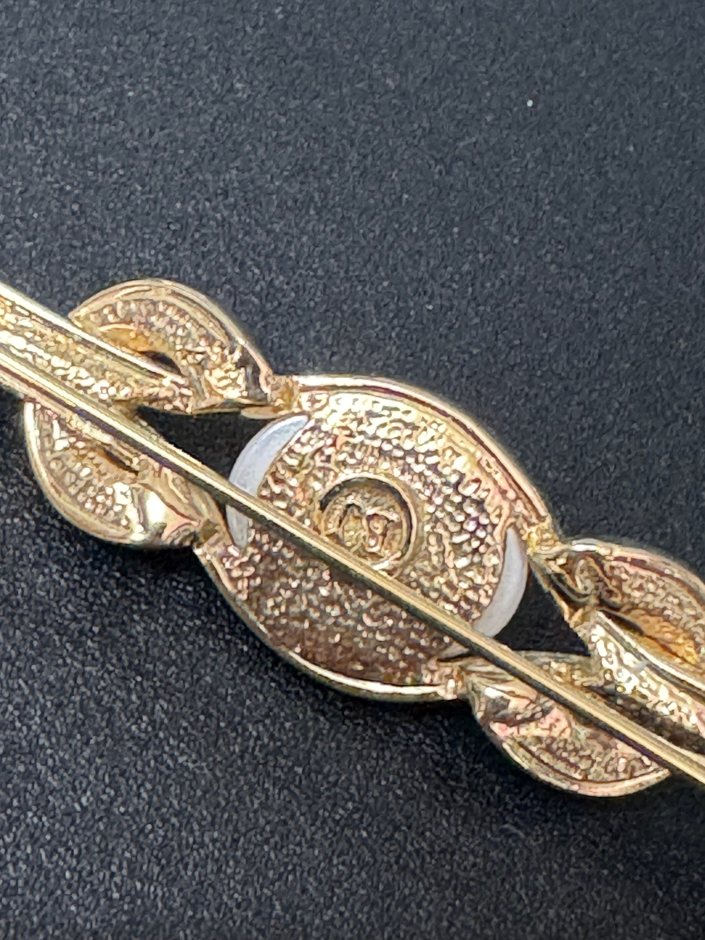 Signed BJ vintage retro gold tone bar brooch with faux pearls modernist minimalist jewellery