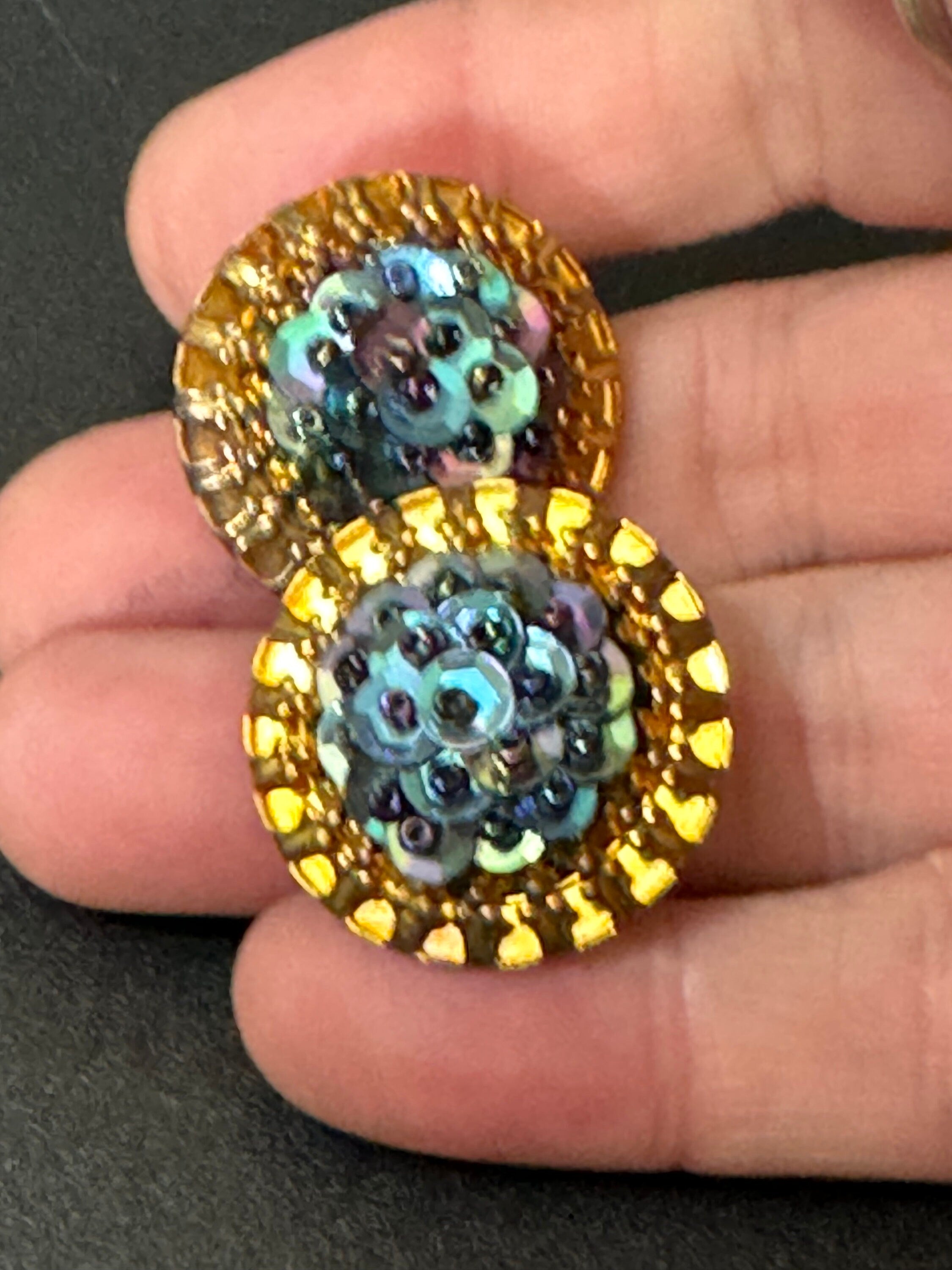 Vintage dark petrol blue sequin and bead floral flower gold tone Clip On Earrings