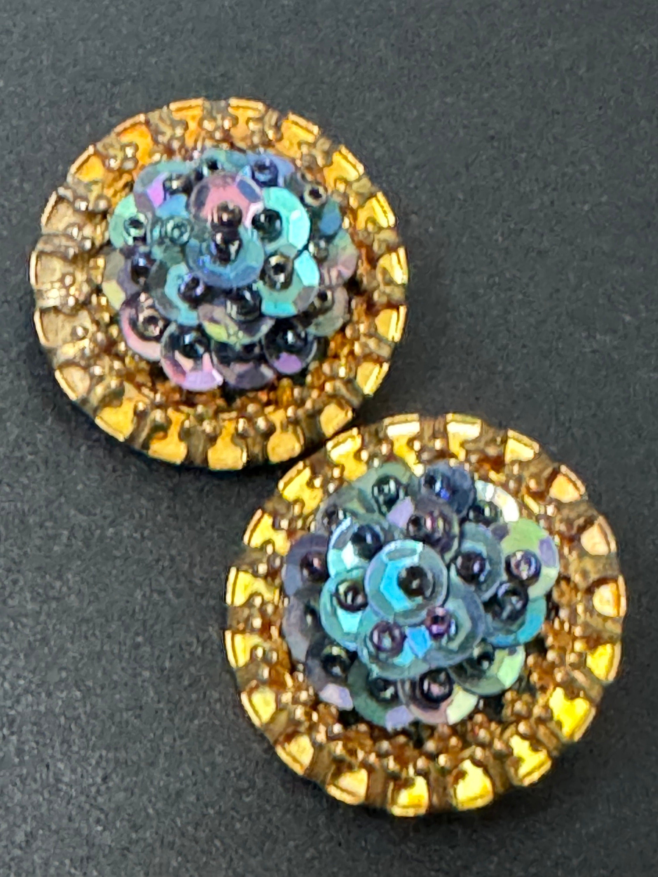 Vintage dark petrol blue sequin and bead floral flower gold tone Clip On Earrings