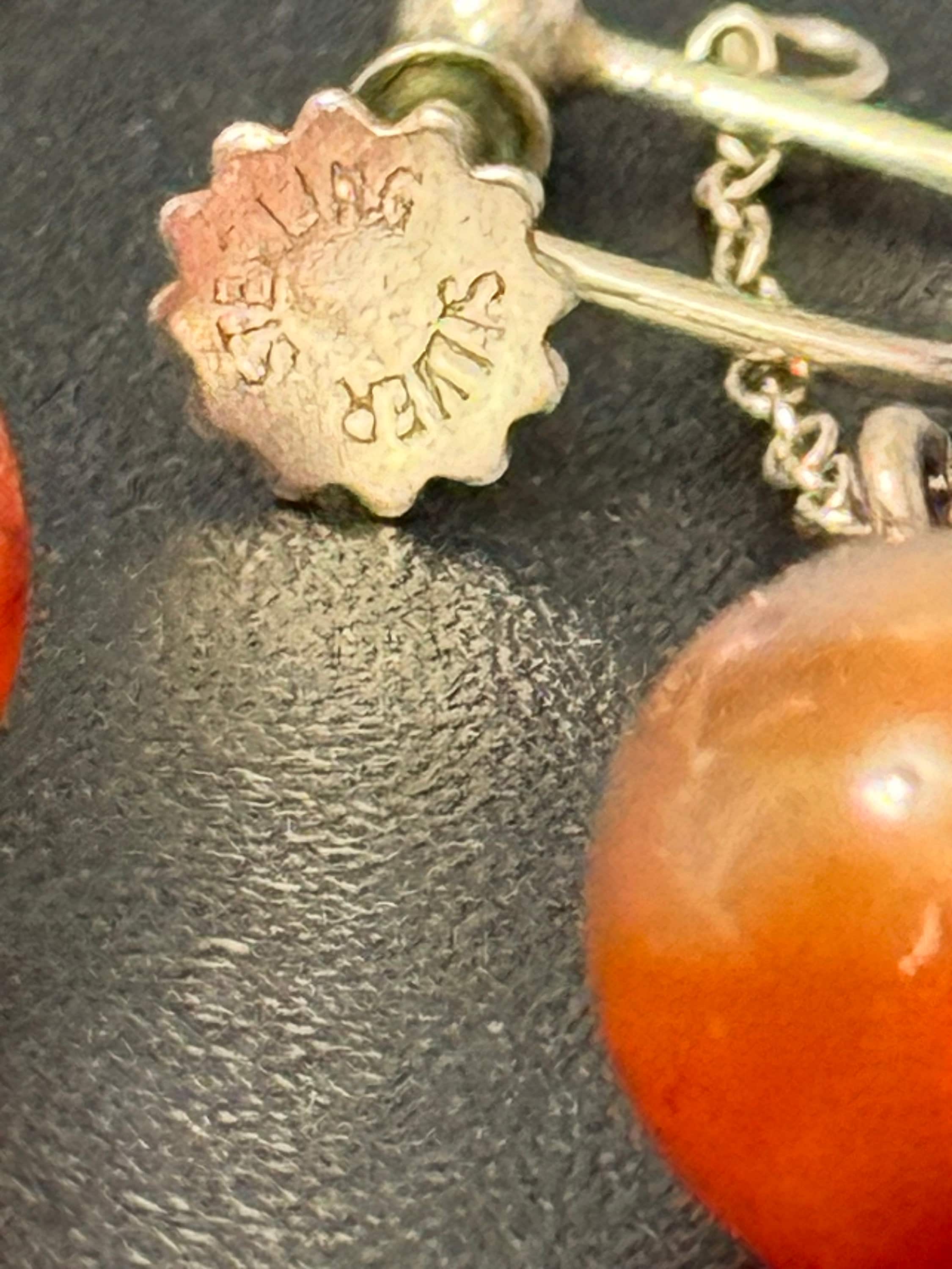 Vintage Art Deco 925 sterling silver carnelian bead ball Screw Back Clip on dangle chain Earrings 1920s 1930s 1940s