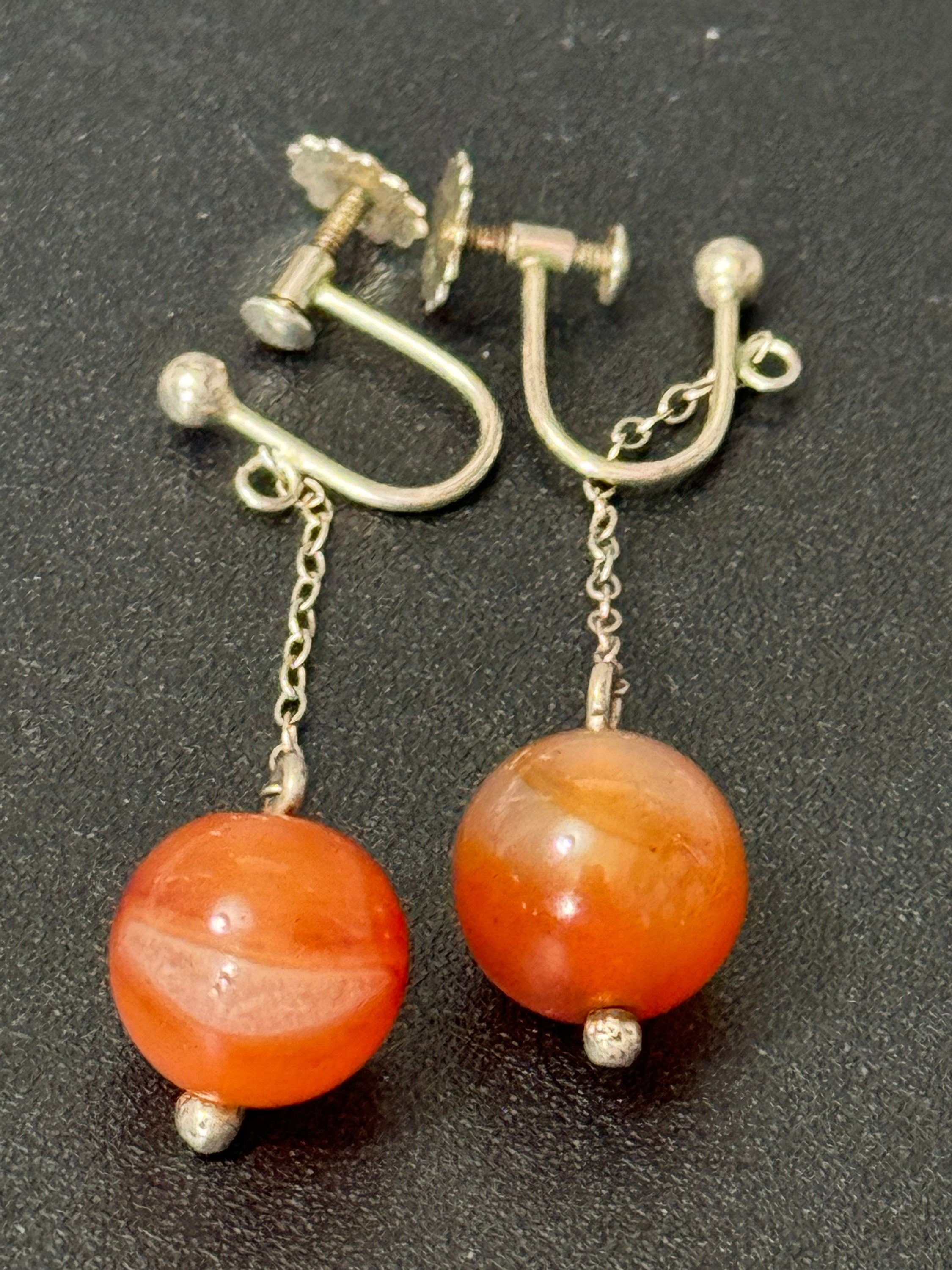 Vintage Art Deco 925 sterling silver carnelian bead ball Screw Back Clip on dangle chain Earrings 1920s 1930s 1940s