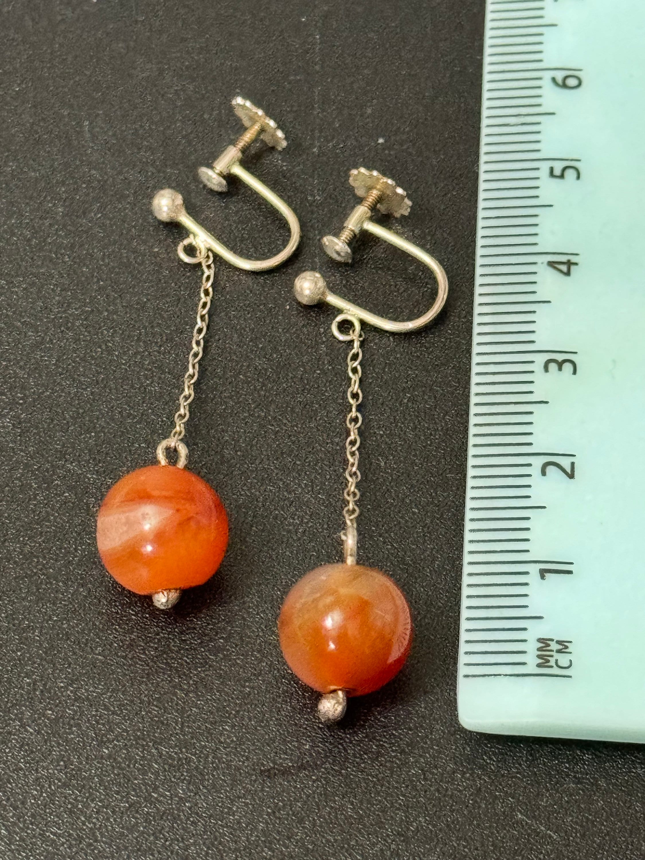 Vintage Art Deco 925 sterling silver carnelian bead ball Screw Back Clip on dangle chain Earrings 1920s 1930s 1940s