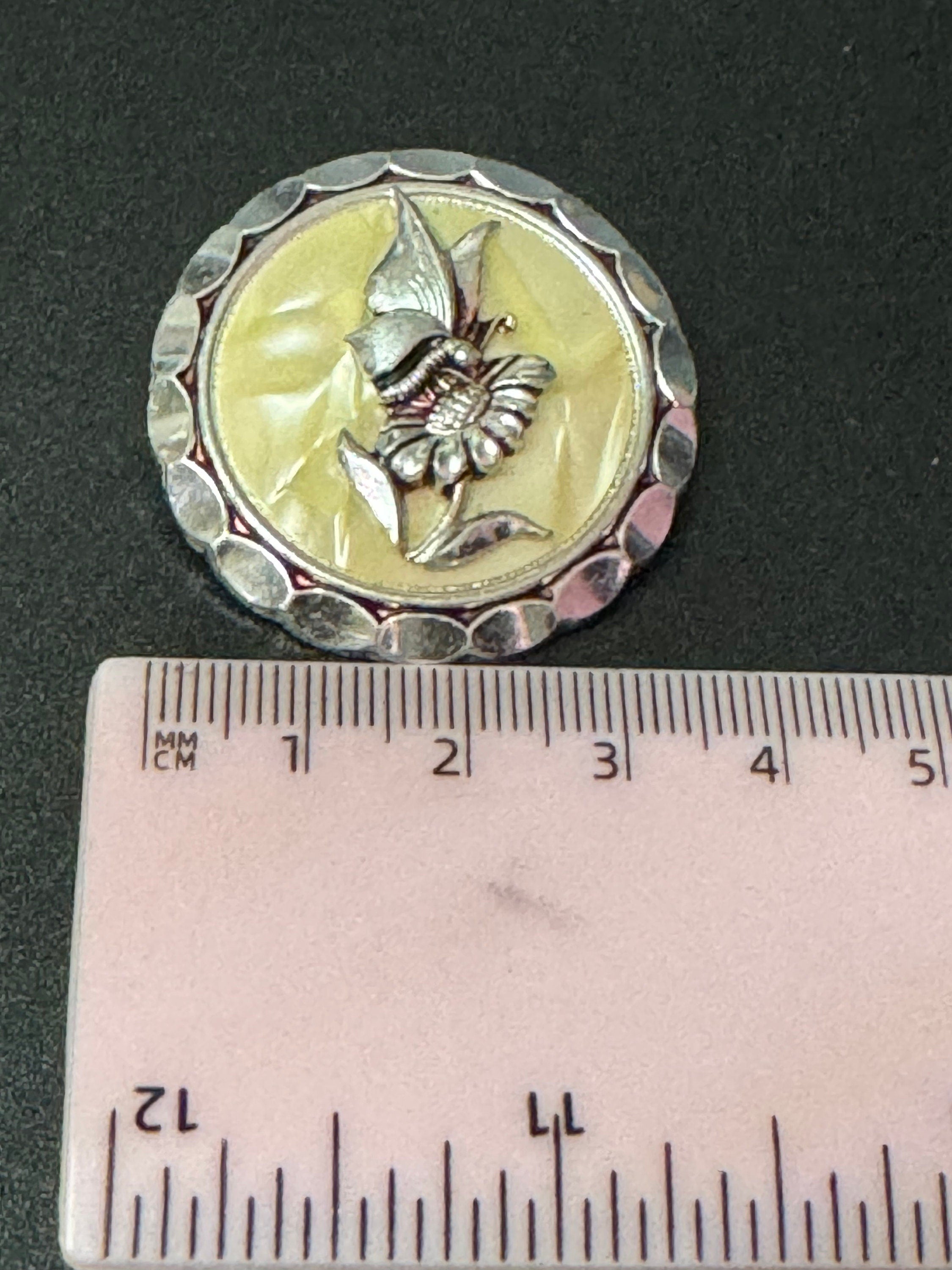 Vintage celluloid silver tone floral rose round Scarf ring clip mid century