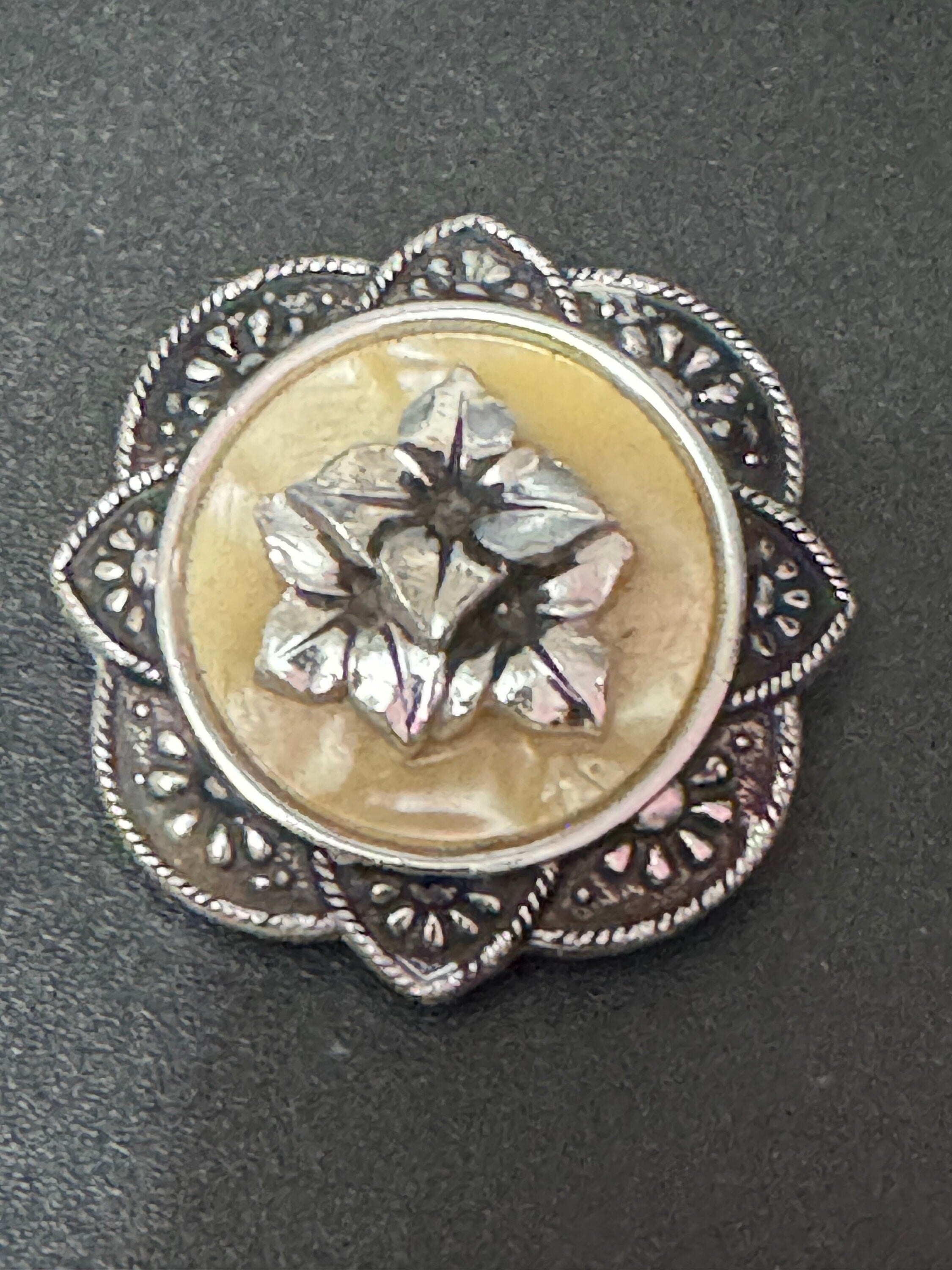 Vintage celluloid silver tone floral rose round Scarf ring clip mid century