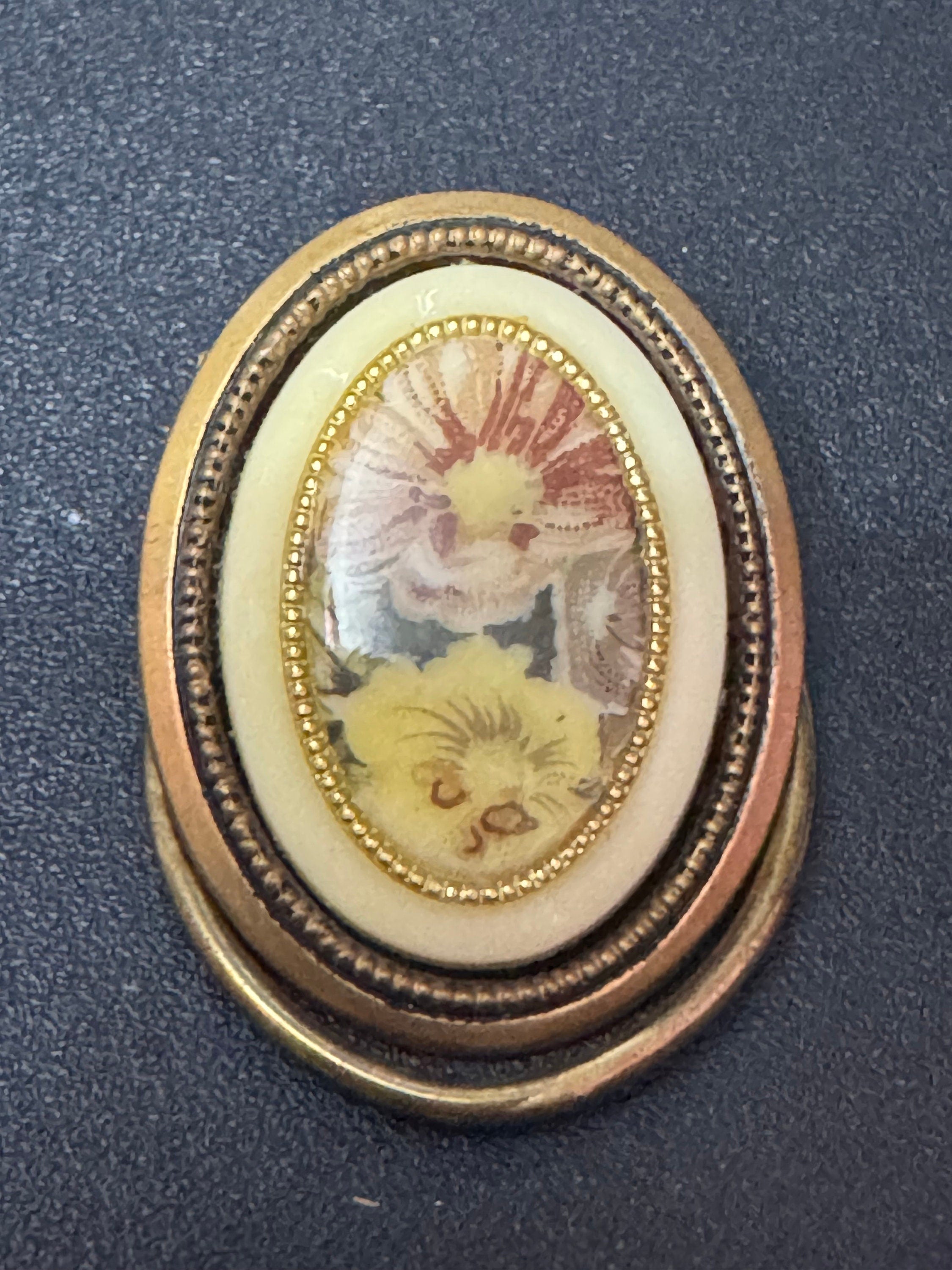 Vintage small Purple yellow Floral Roses Gold Tone cabochon Scarf Ring Clip